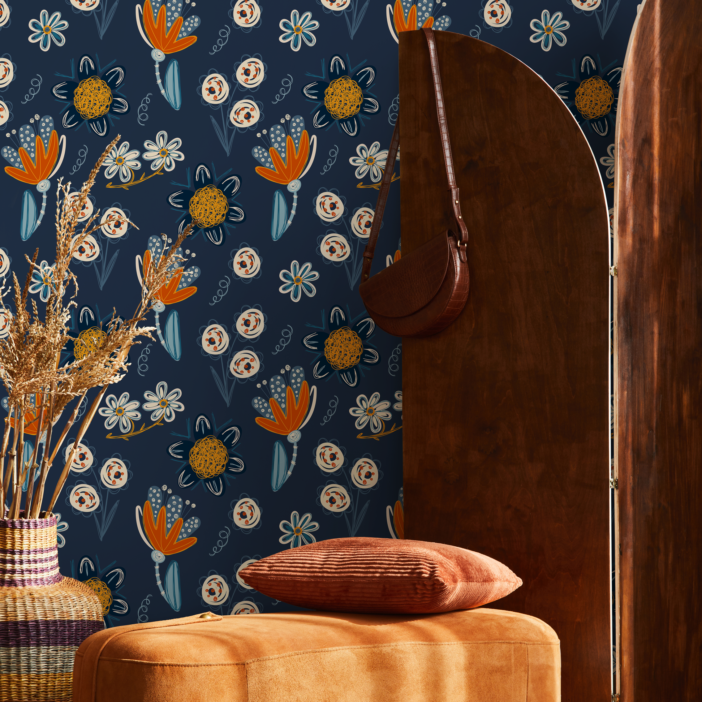 Floral Wallpaper Featuring Whimsical Blooms In Navy And Orange - B840
