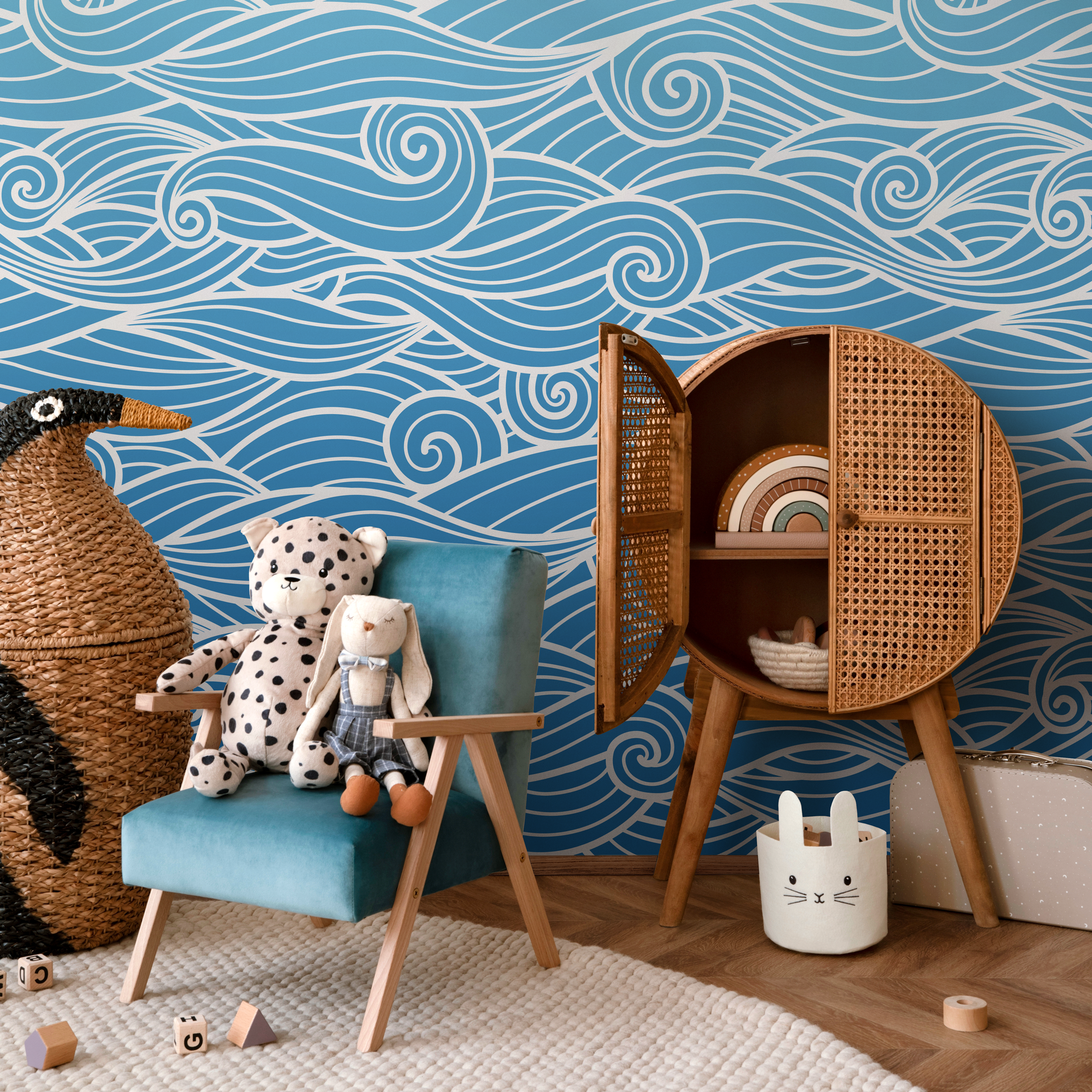 Coastal Wallpaper With Stylized Ocean Waves In Blue And White - B841