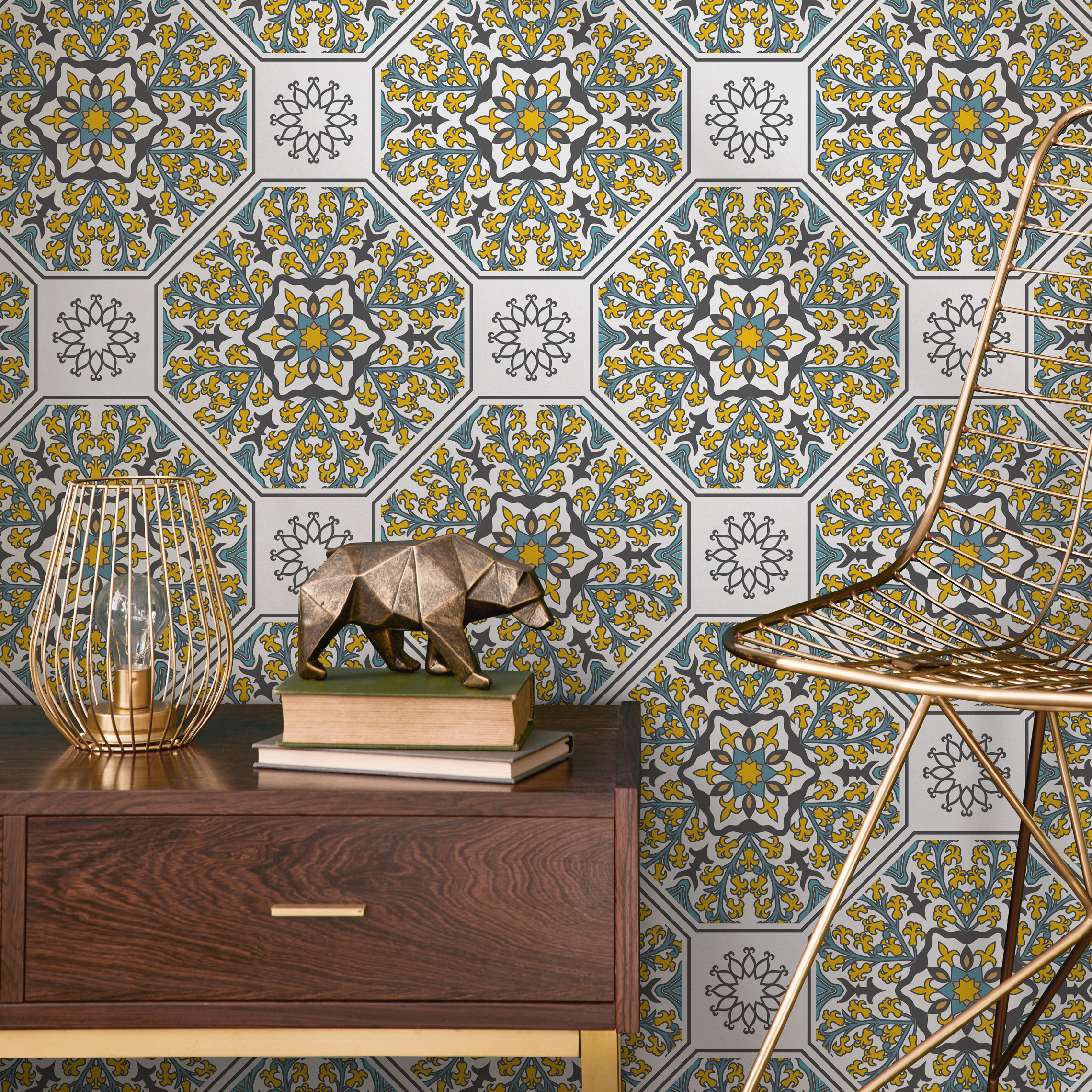 Geometric Wallpaper With A Mediterranean Tile Motif In Yellow, Teal, And Black - B843