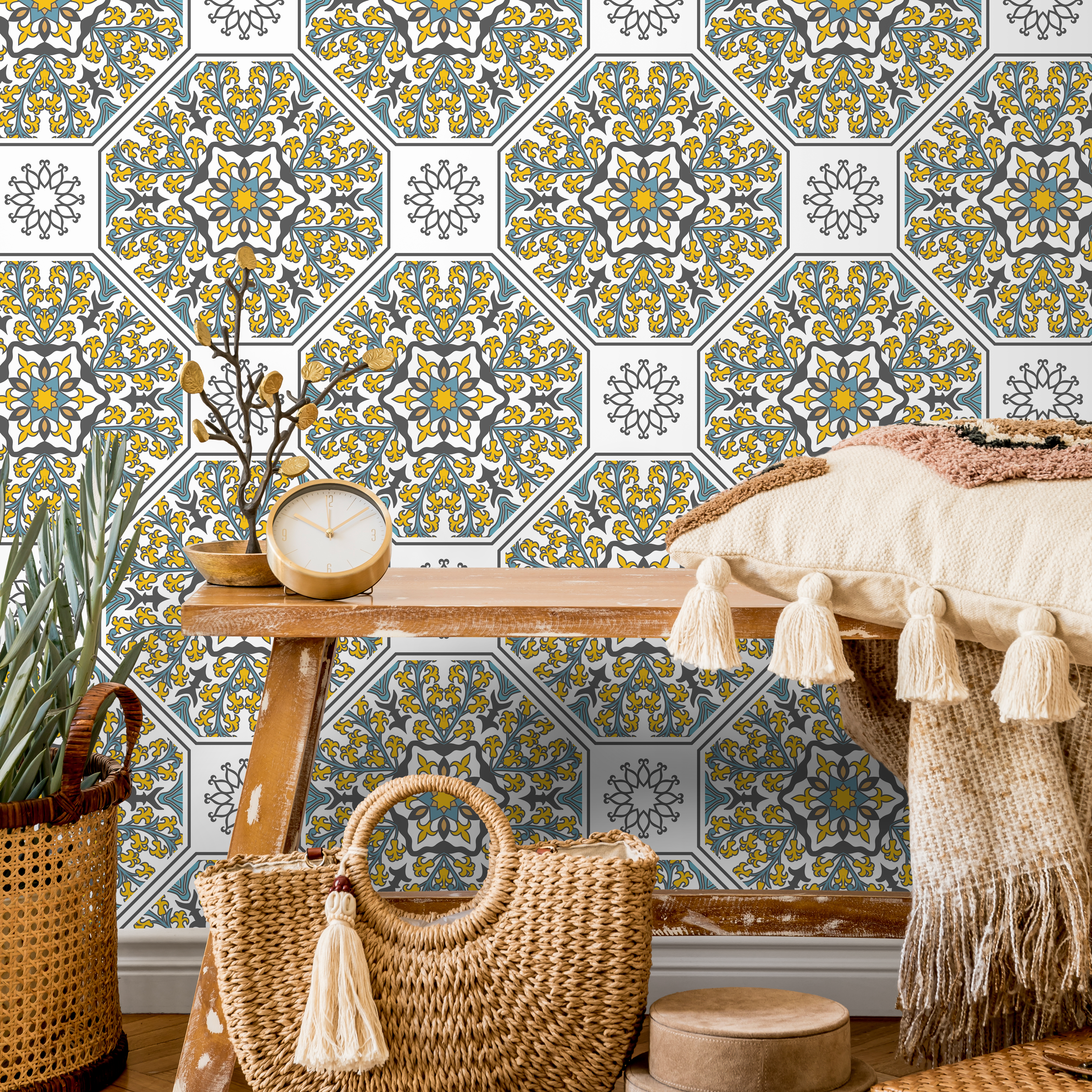 Geometric Wallpaper With A Mediterranean Tile Motif In Yellow, Teal, And Black - B843