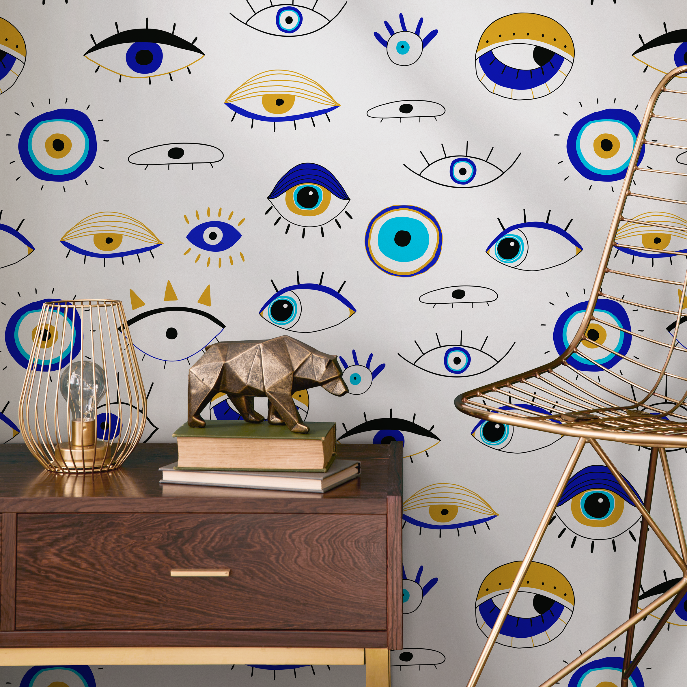 Eclectic Wallpaper With A Protective Evil Eye Motif In Blue, Gold, And Black - B845