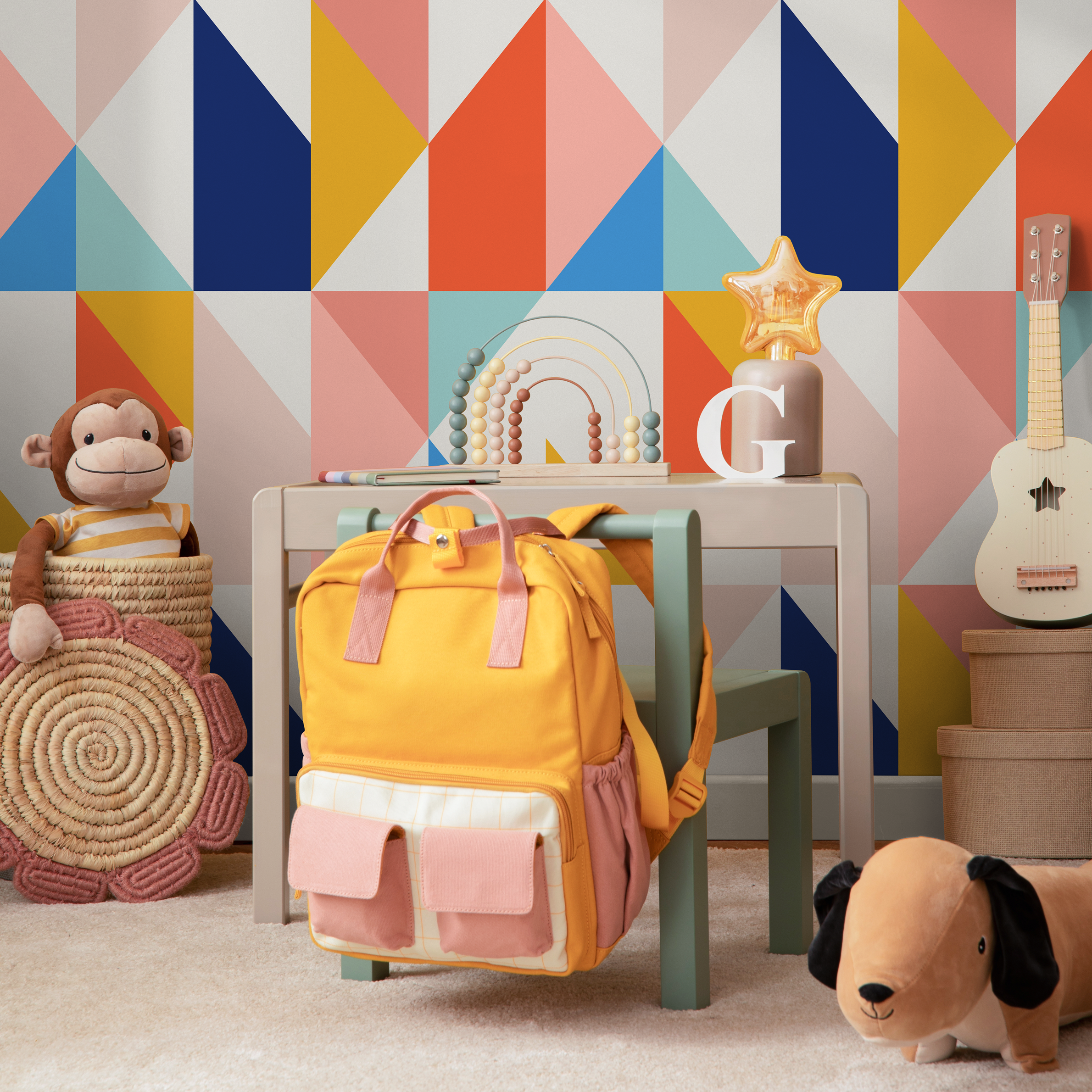 Geometric Wallpaper With A Modern Triangle Motif In Blue, Orange, And Yellow - B846