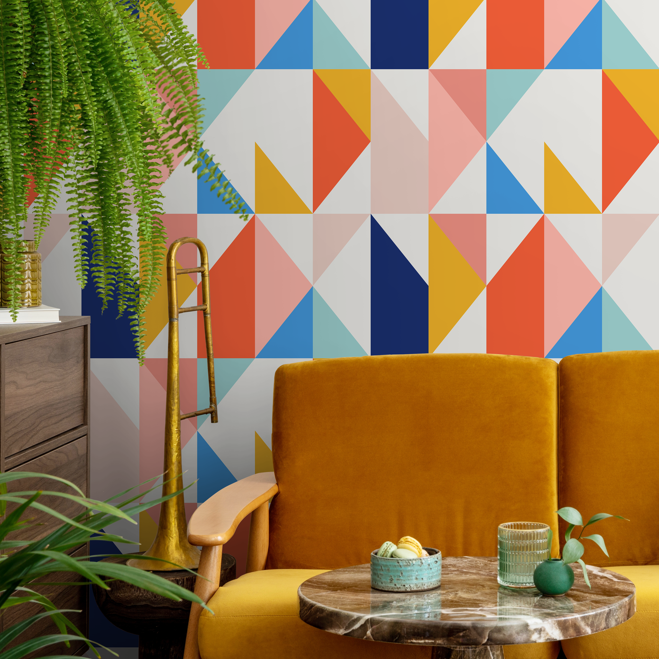 Geometric Wallpaper With A Modern Triangle Motif In Blue, Orange, And Yellow - B846