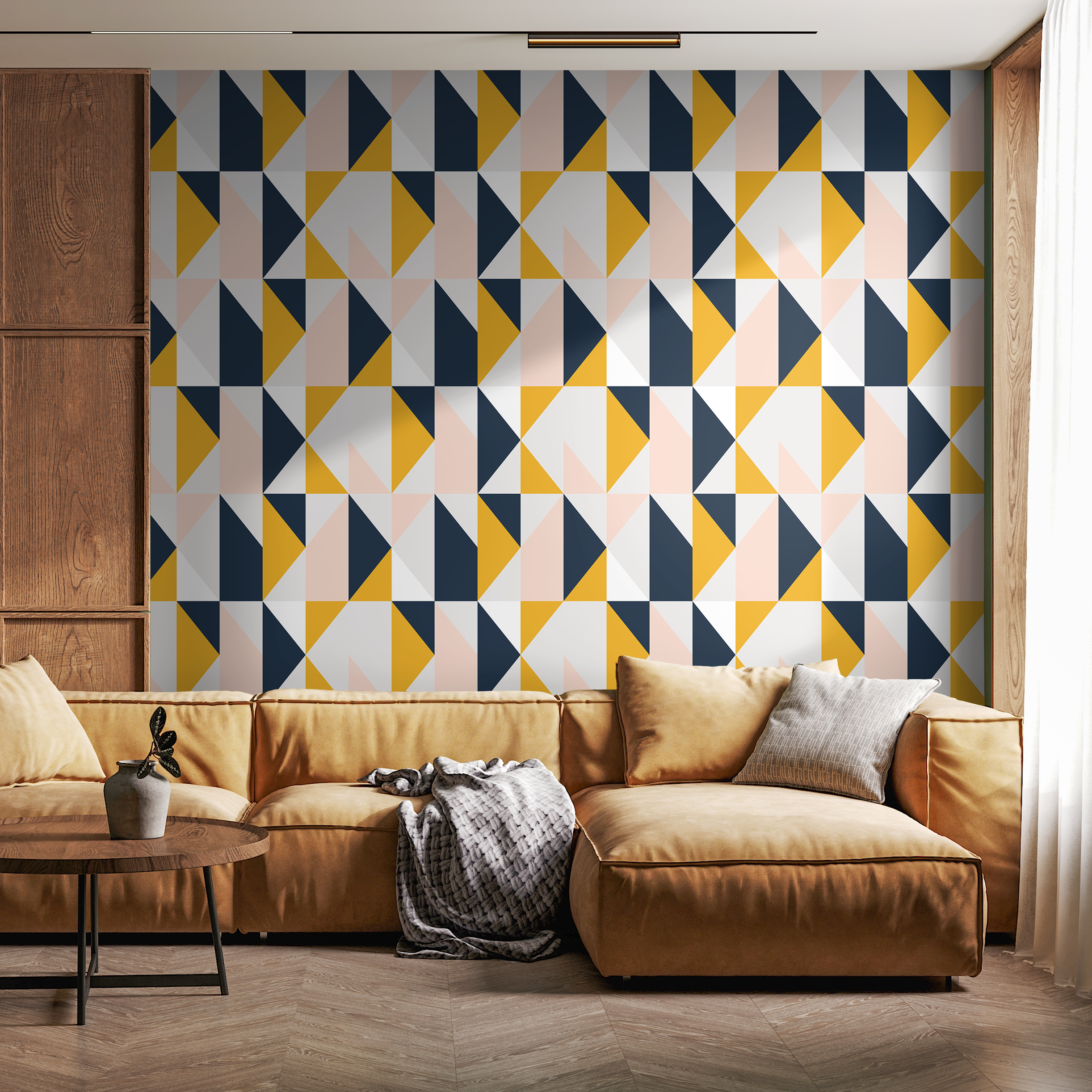 Geometric Wallpaper With A Triangle Grid In Navy, Yellow, And Pink - B847