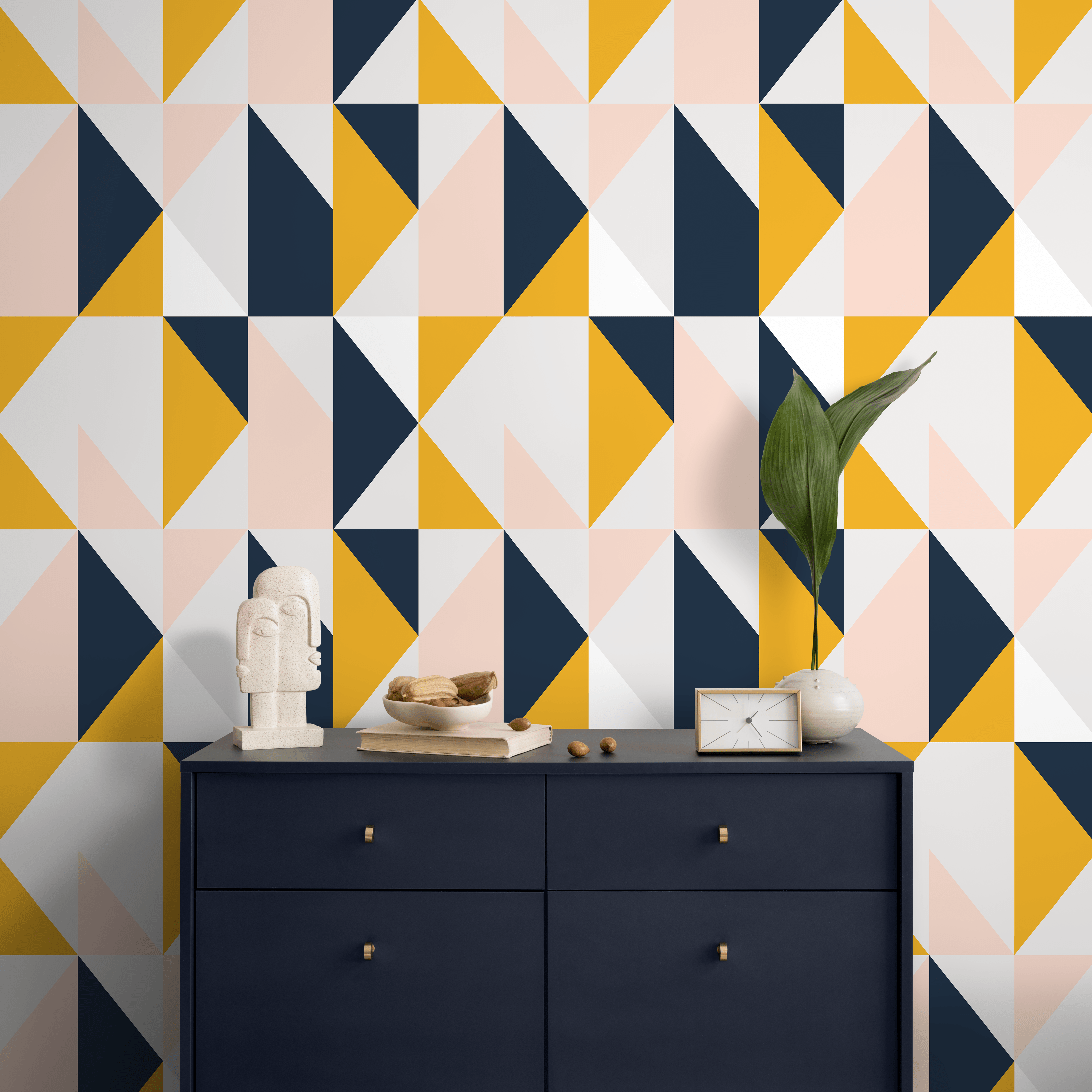 Geometric Wallpaper With A Triangle Grid In Navy, Yellow, And Pink - B847