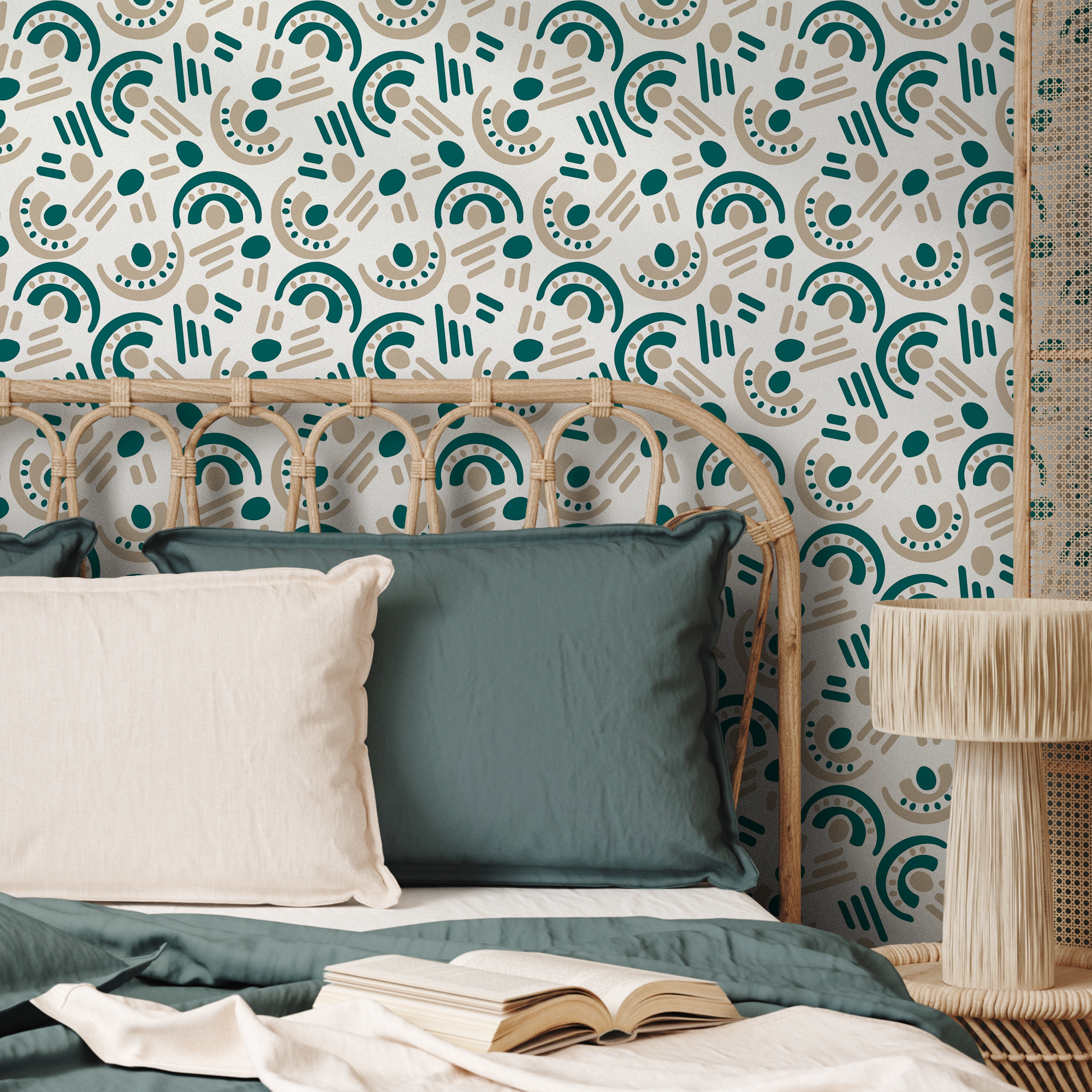 Abstract Wallpaper With Tribal Art Motifs In Teal And Beige - B848
