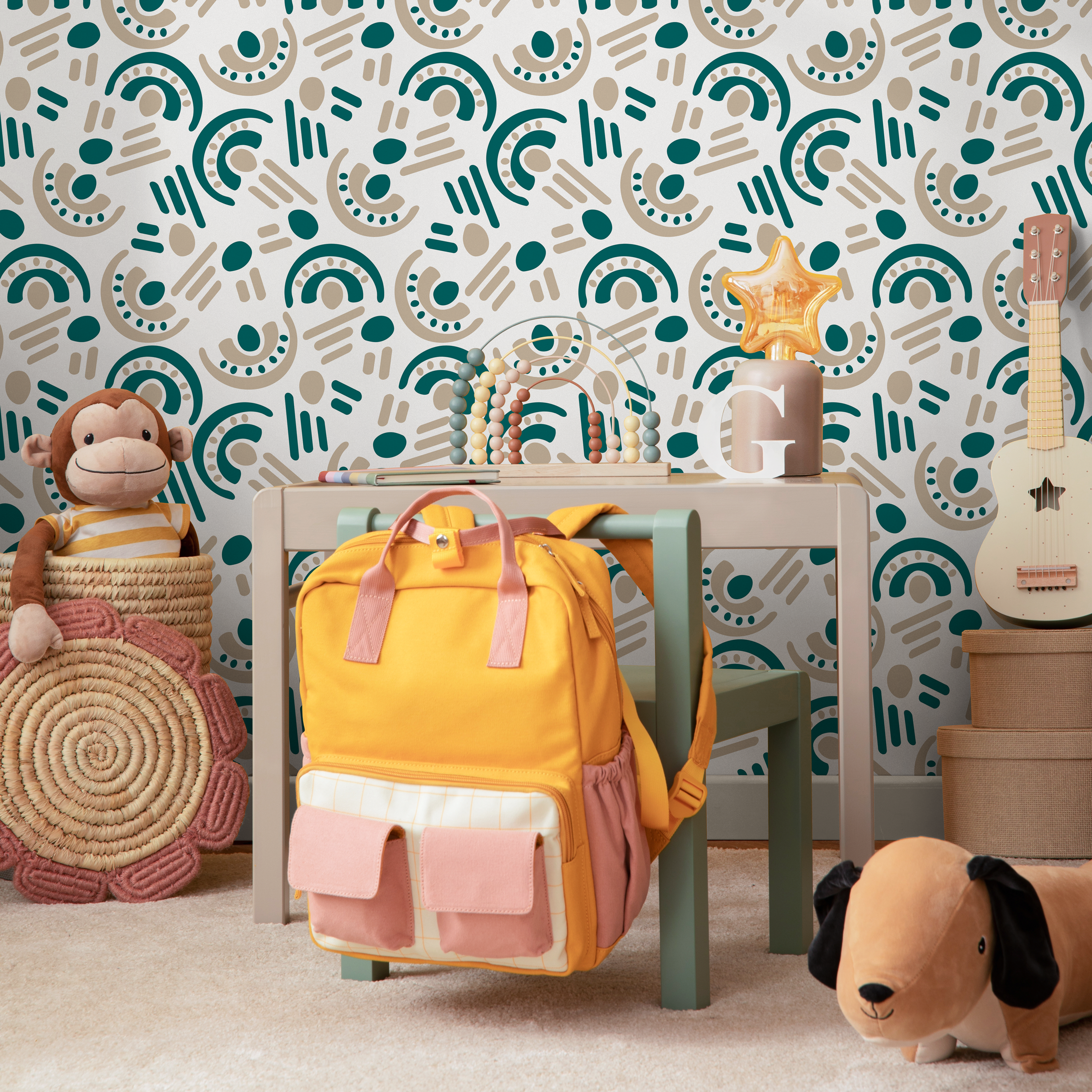 Abstract Wallpaper With Tribal Art Motifs In Teal And Beige - B848