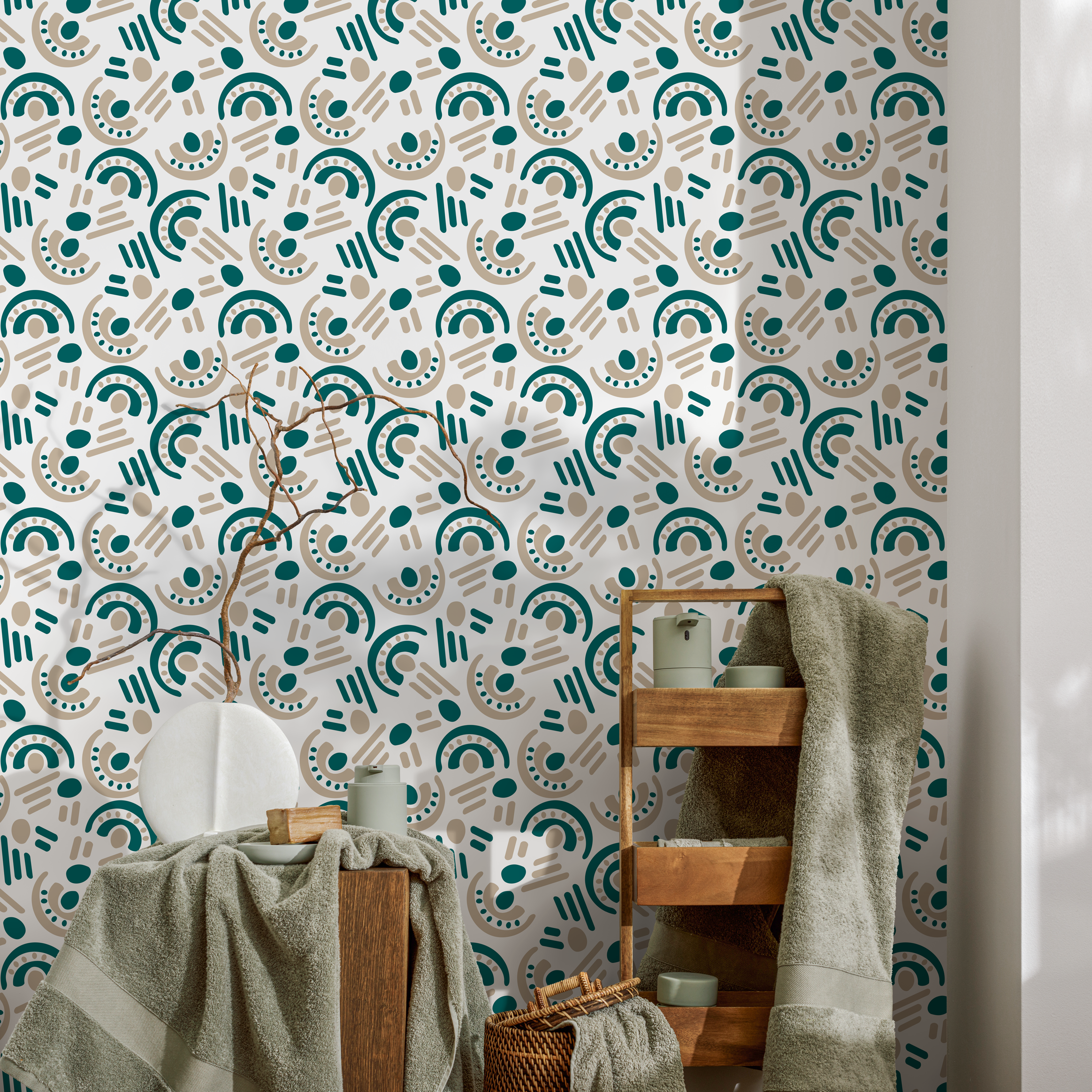 Abstract Wallpaper With Tribal Art Motifs In Teal And Beige - B848