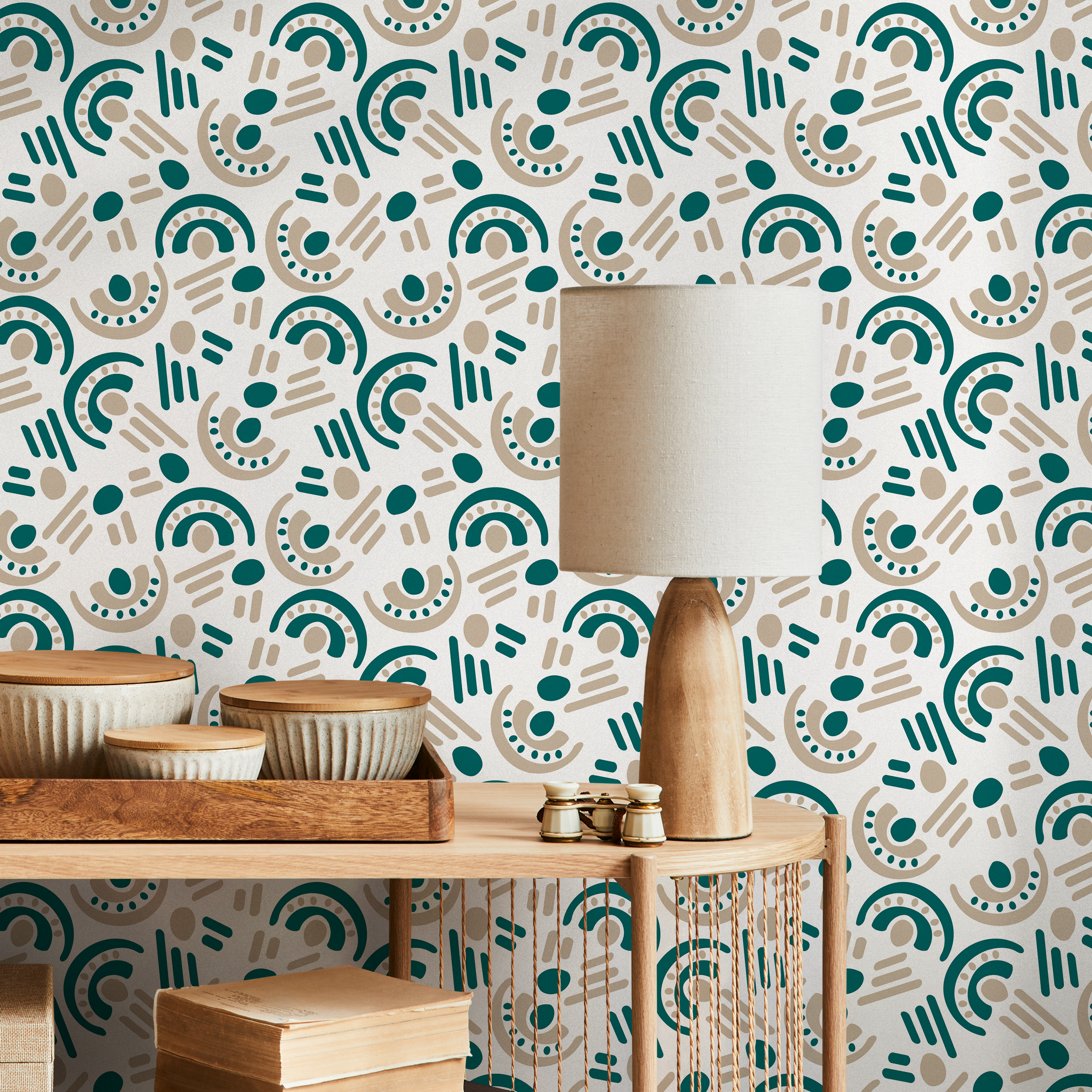 Abstract Wallpaper With Tribal Art Motifs In Teal And Beige - B848