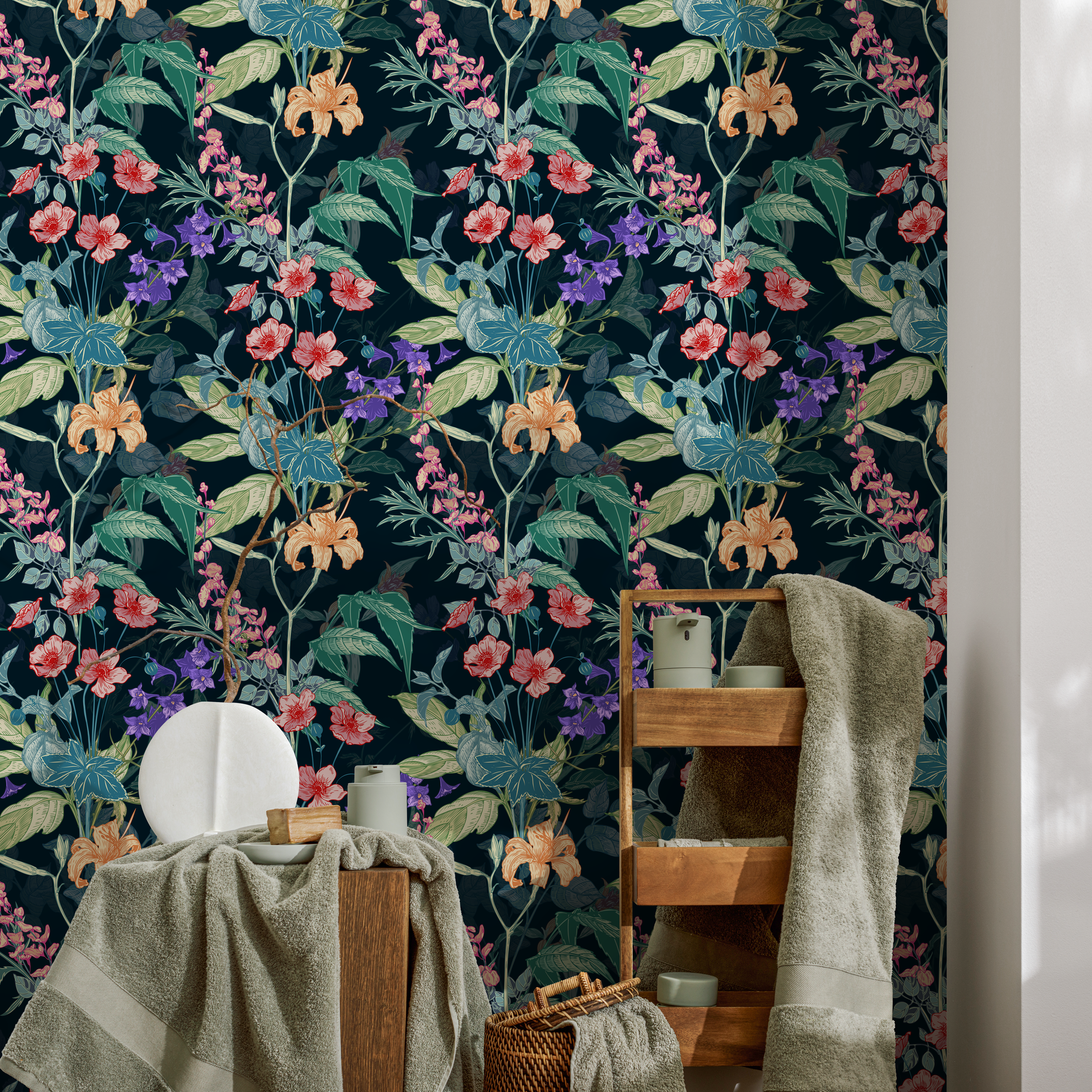 Botanical Wallpaper With A Vintage Floral Motif In Orange, Red, And Purple - B849