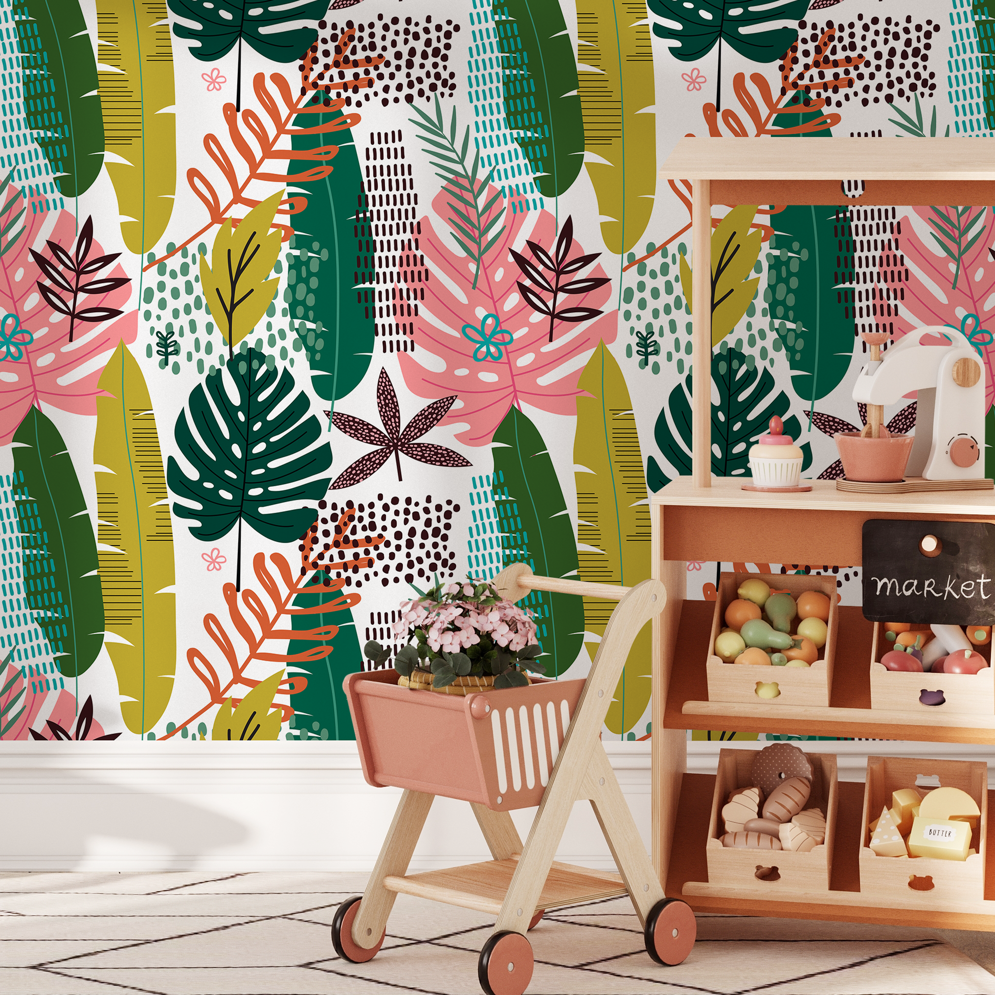 Boho Wallpaper With Tropical And Abstract Leaves In Green, Pink, And Teal - B850