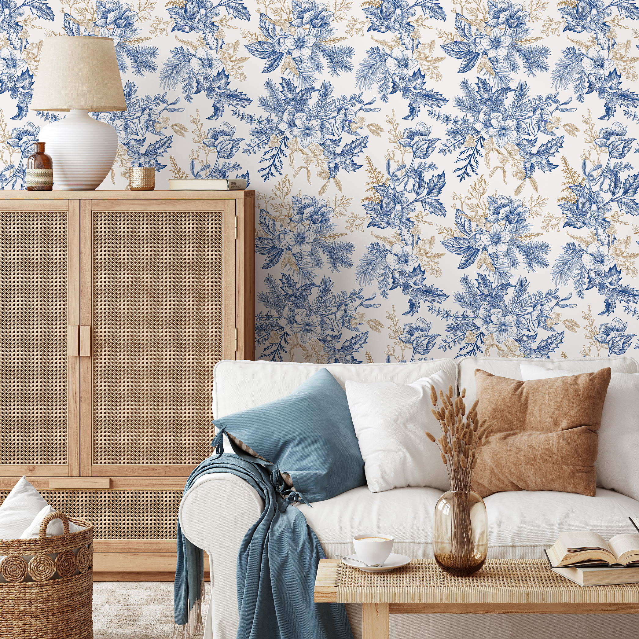 Botanical Wallpaper With Vintage Floral Bouquets In Blue And Gold - B852