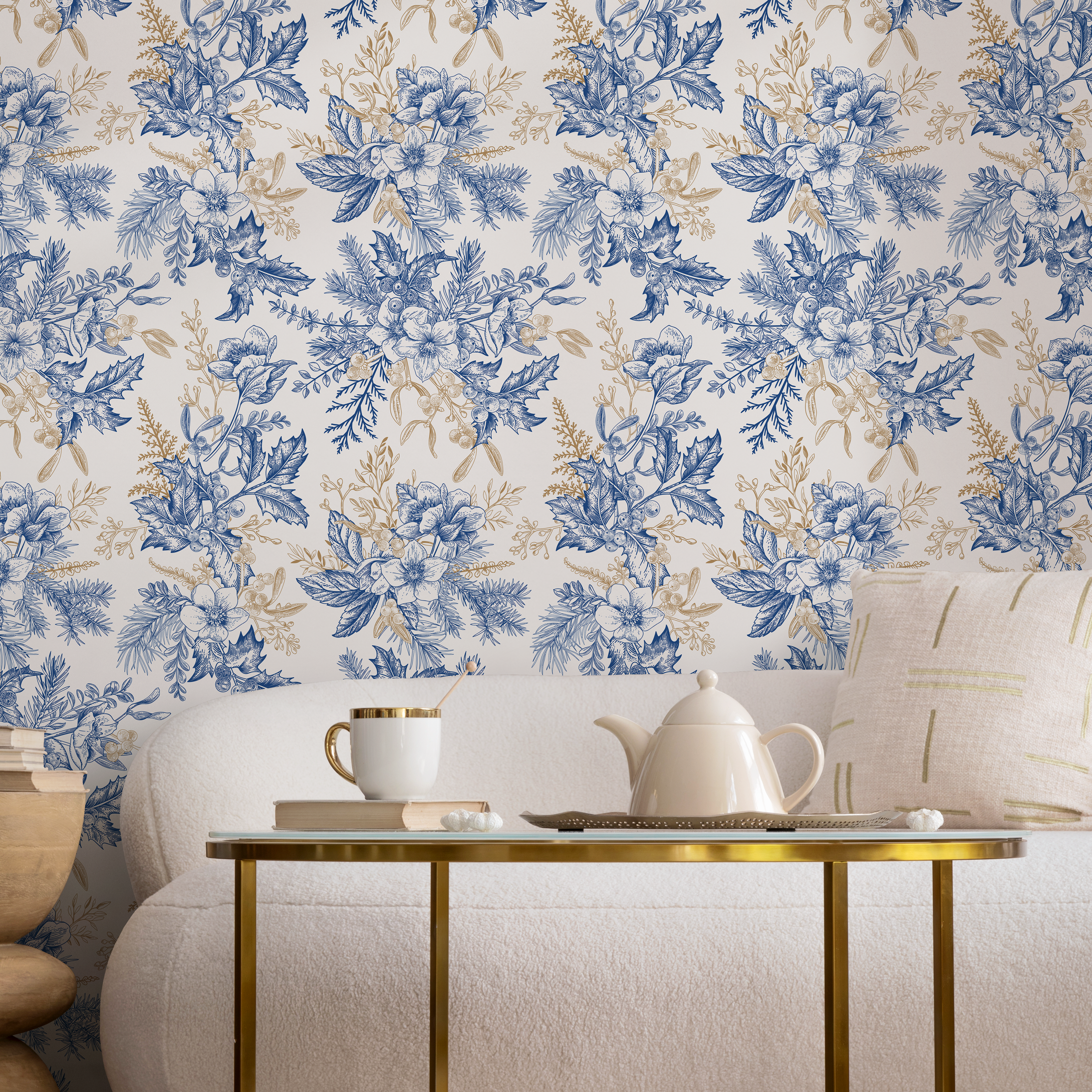 Botanical Wallpaper With Vintage Floral Bouquets In Blue And Gold - B852