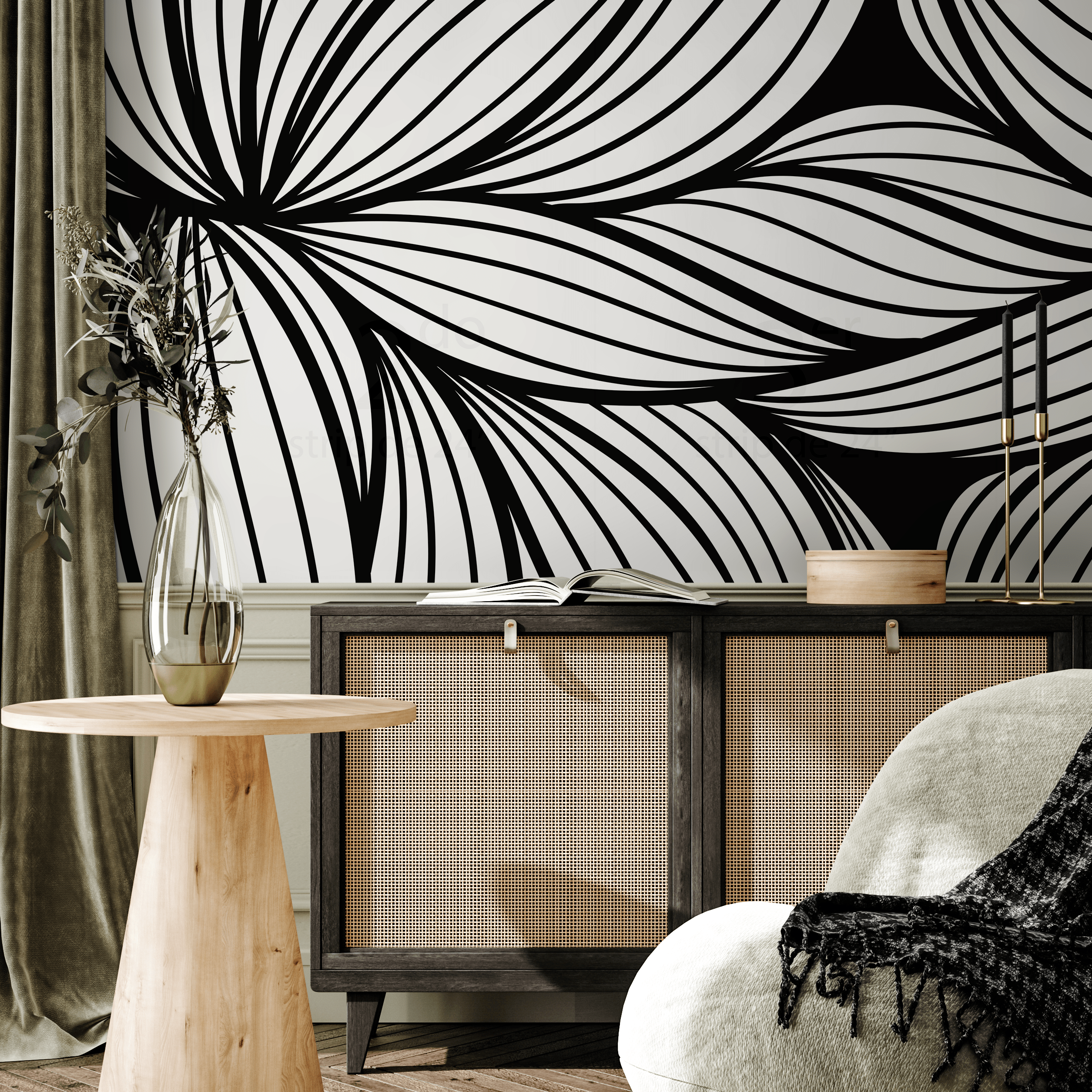 Abstract Wallpaper With A Dynamic Linear Flow In Black And White - B853