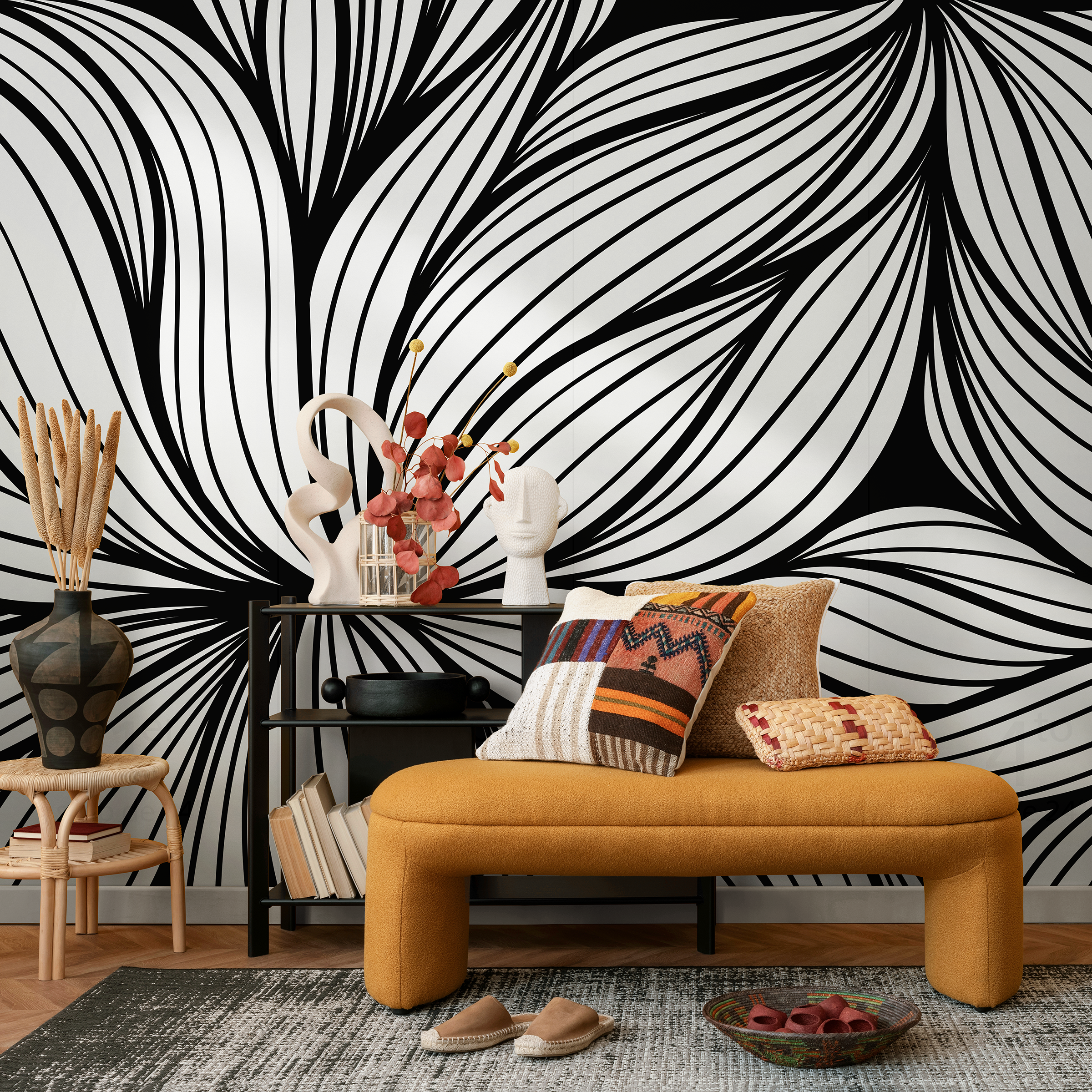 Abstract Wallpaper With A Dynamic Linear Flow In Black And White - B853