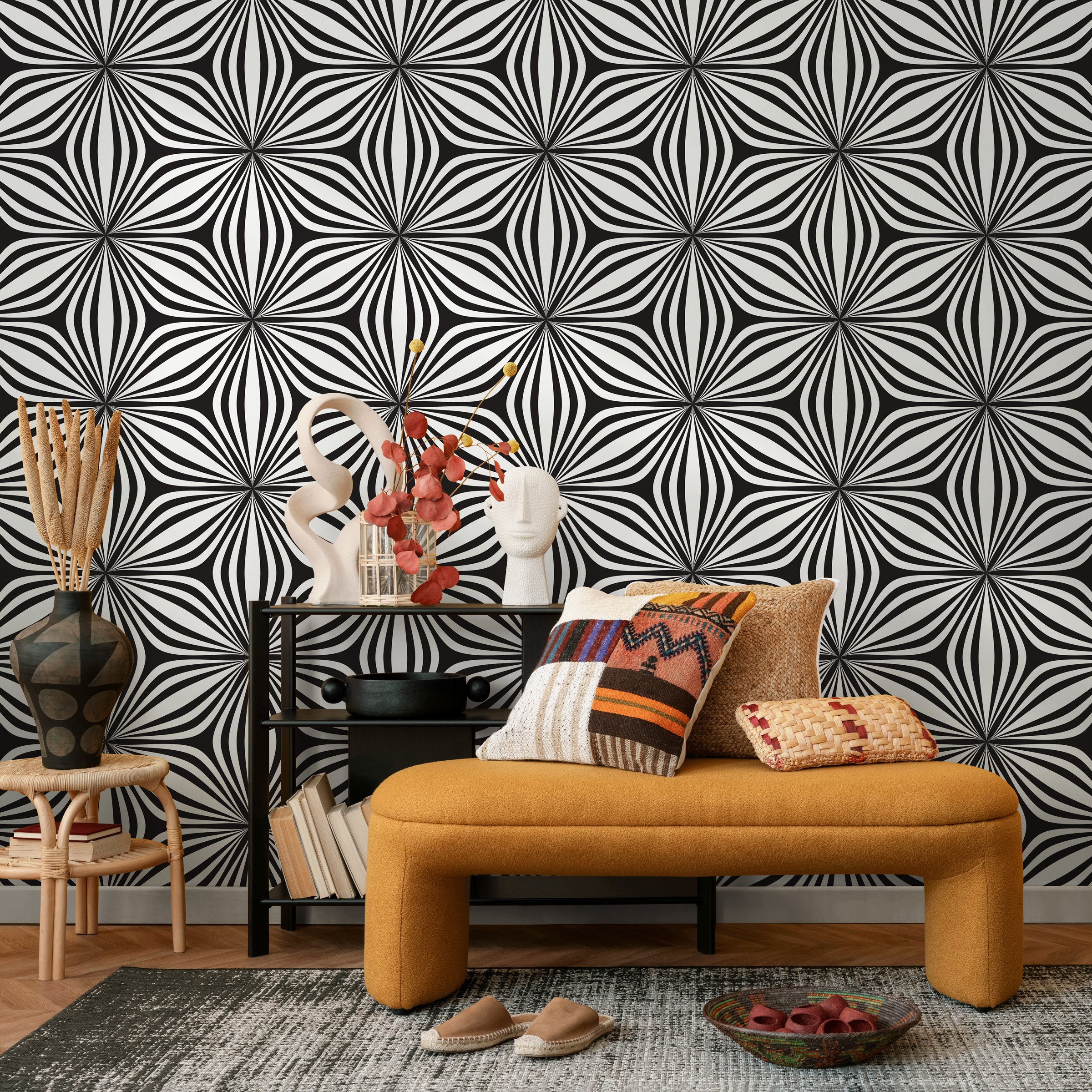 Geometric Wallpaper With A Wavy Optical Illusion In Black And White - B854