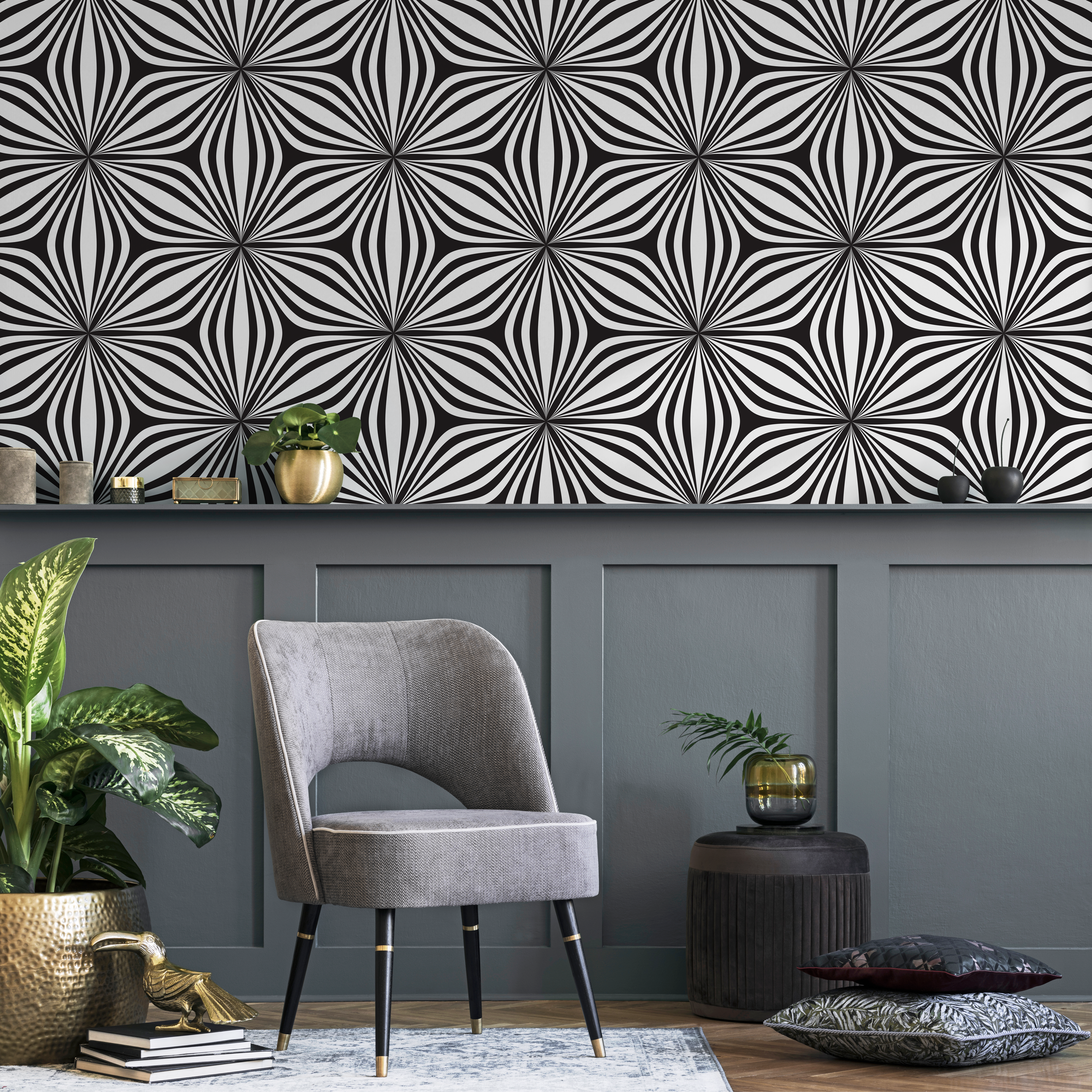 Geometric Wallpaper With A Wavy Optical Illusion In Black And White - B854