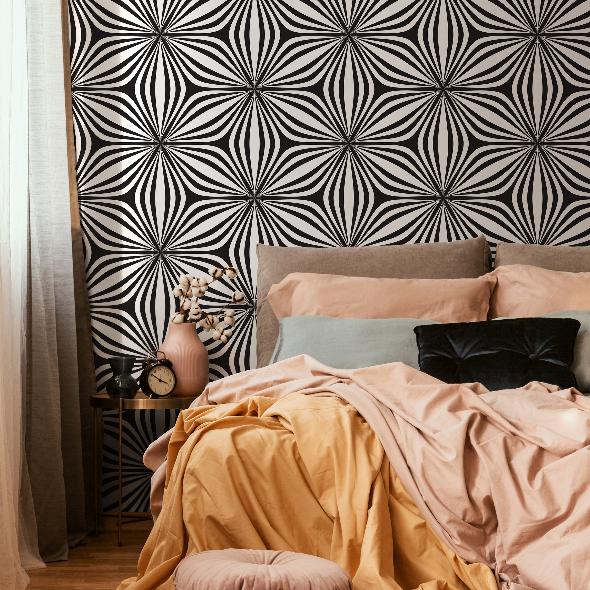 Geometric Wallpaper With A Wavy Optical Illusion In Black And White - B854