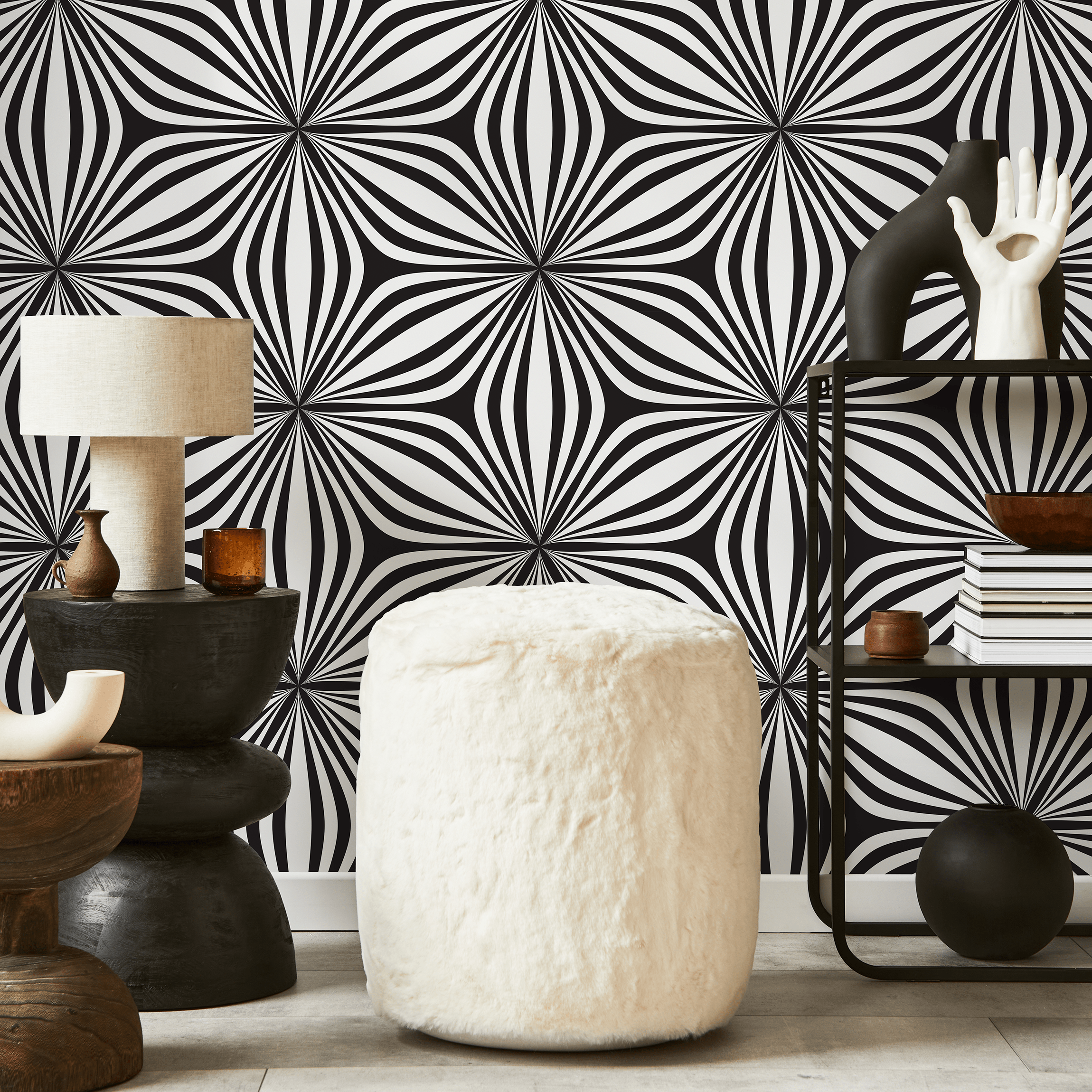 Geometric Wallpaper With A Wavy Optical Illusion In Black And White - B854