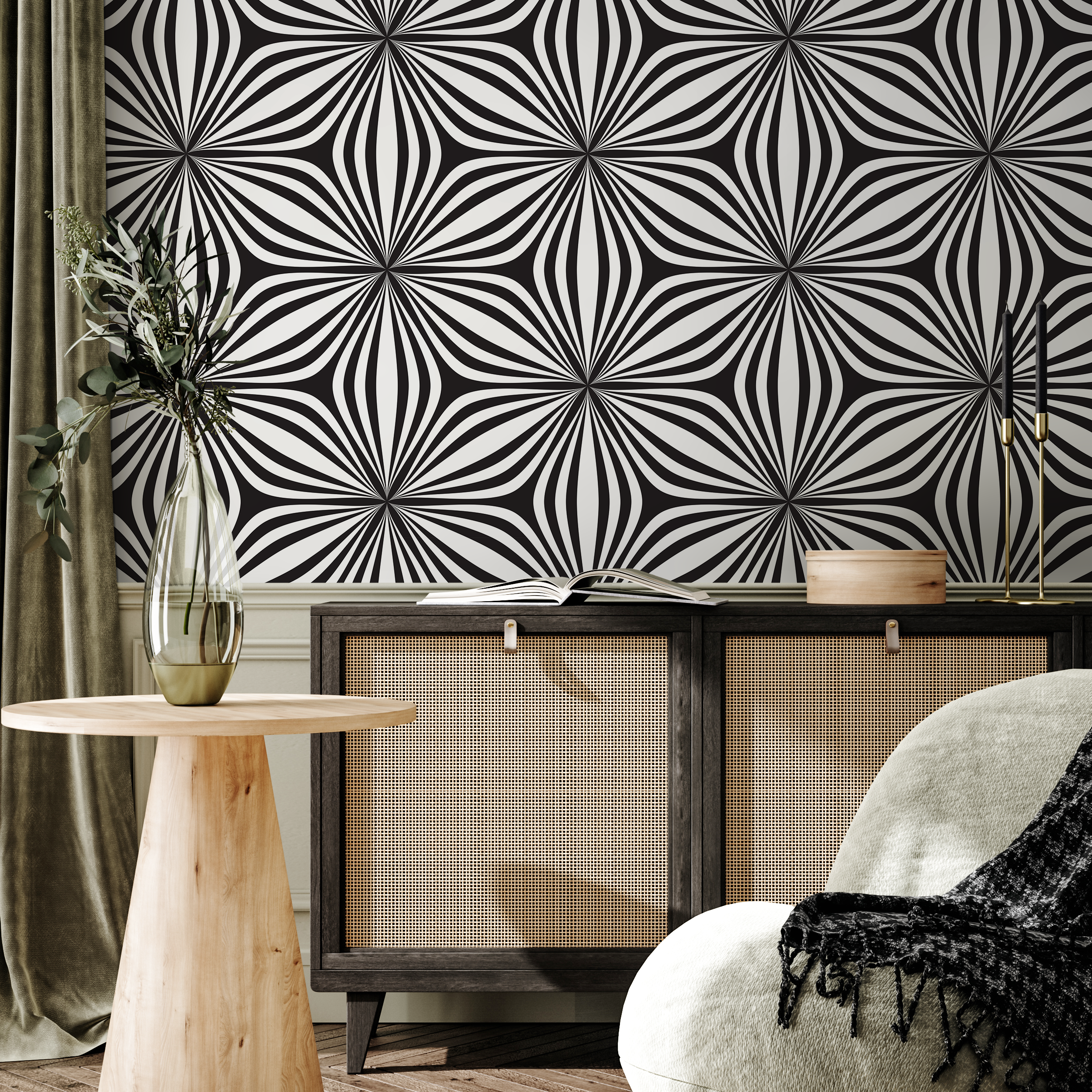 Geometric Wallpaper With A Wavy Optical Illusion In Black And White - B854