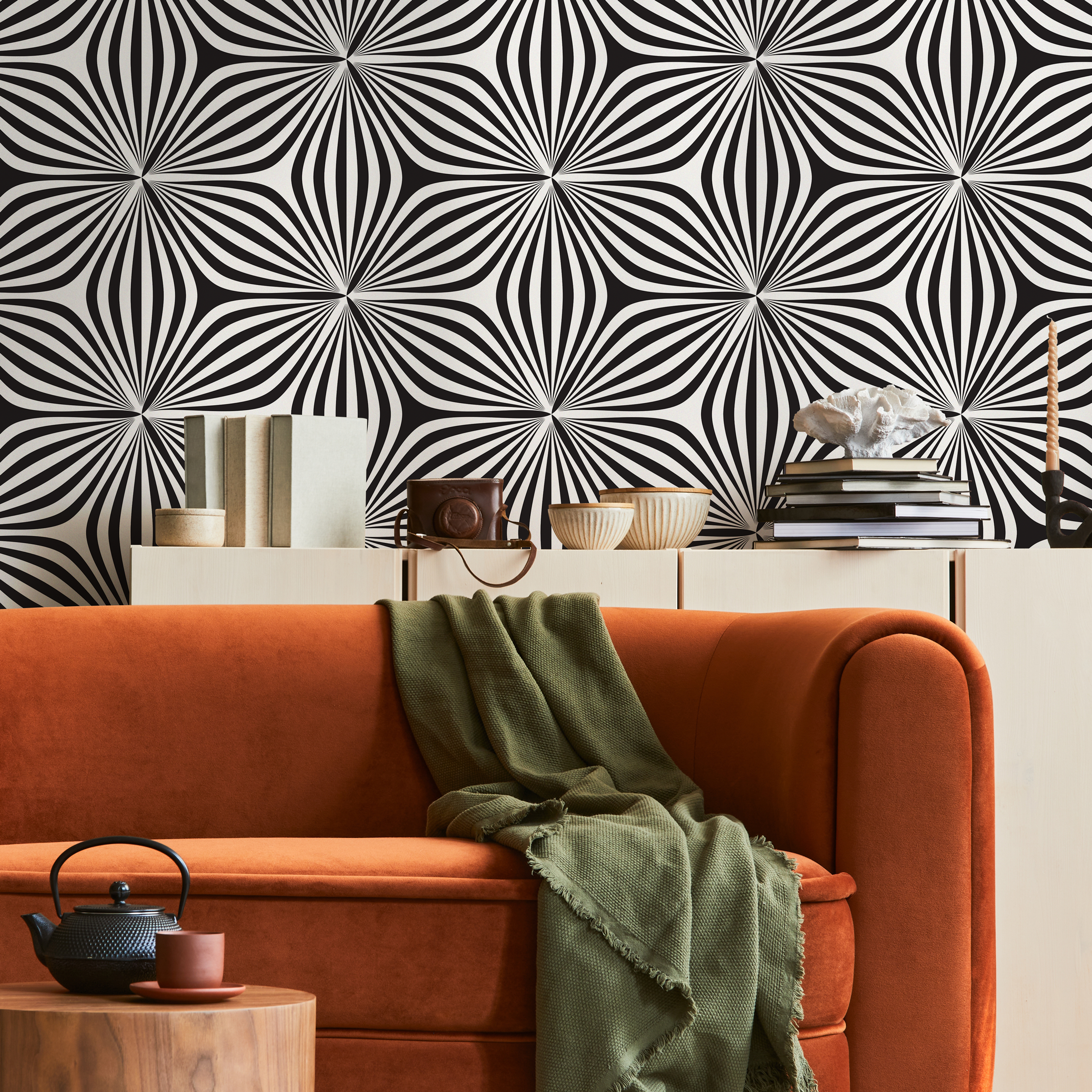 Geometric Wallpaper With An Optical Starburst Motif In Black And White - B855