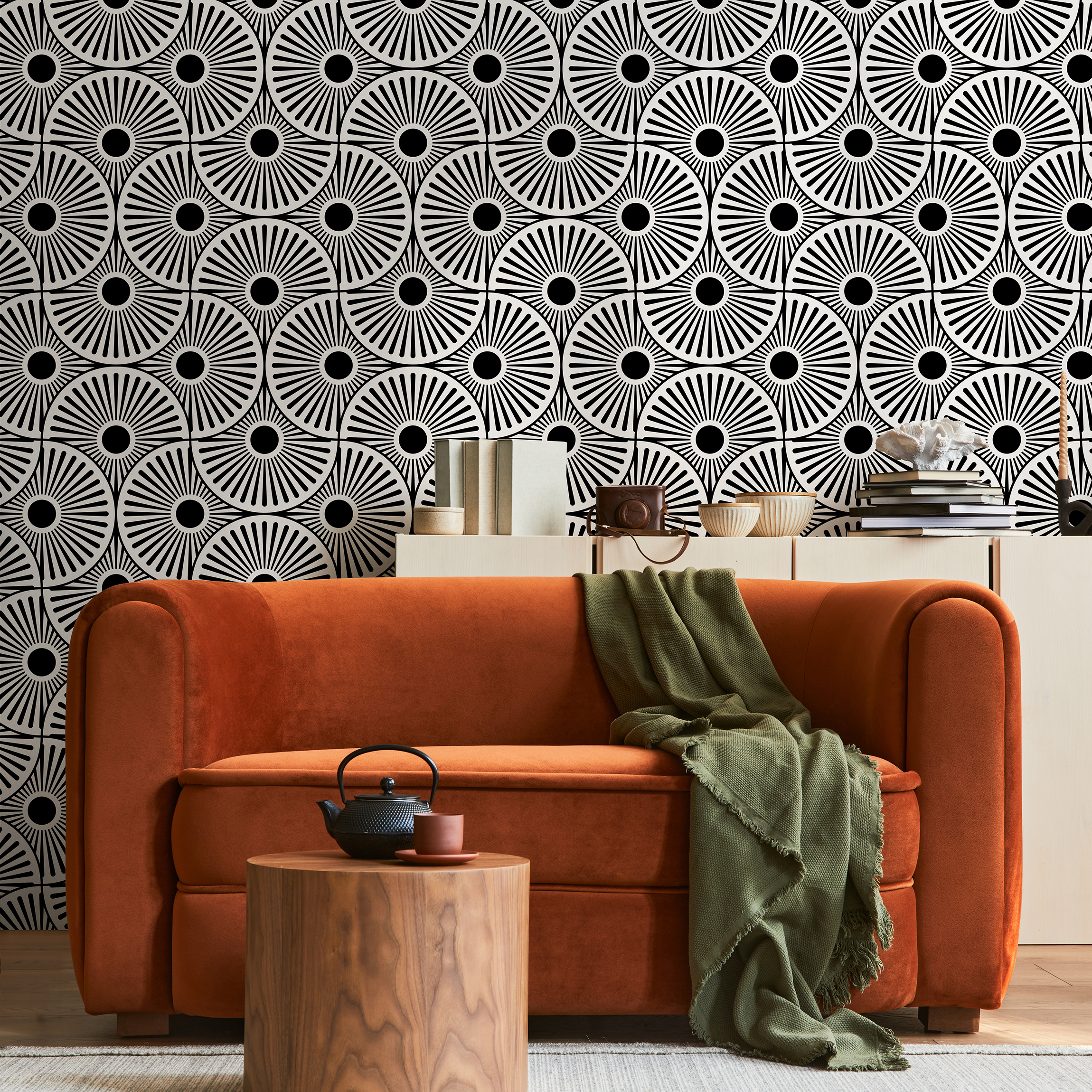 Art Deco Wallpaper Featuring A Bold Sunburst Motif In Black And White - B859