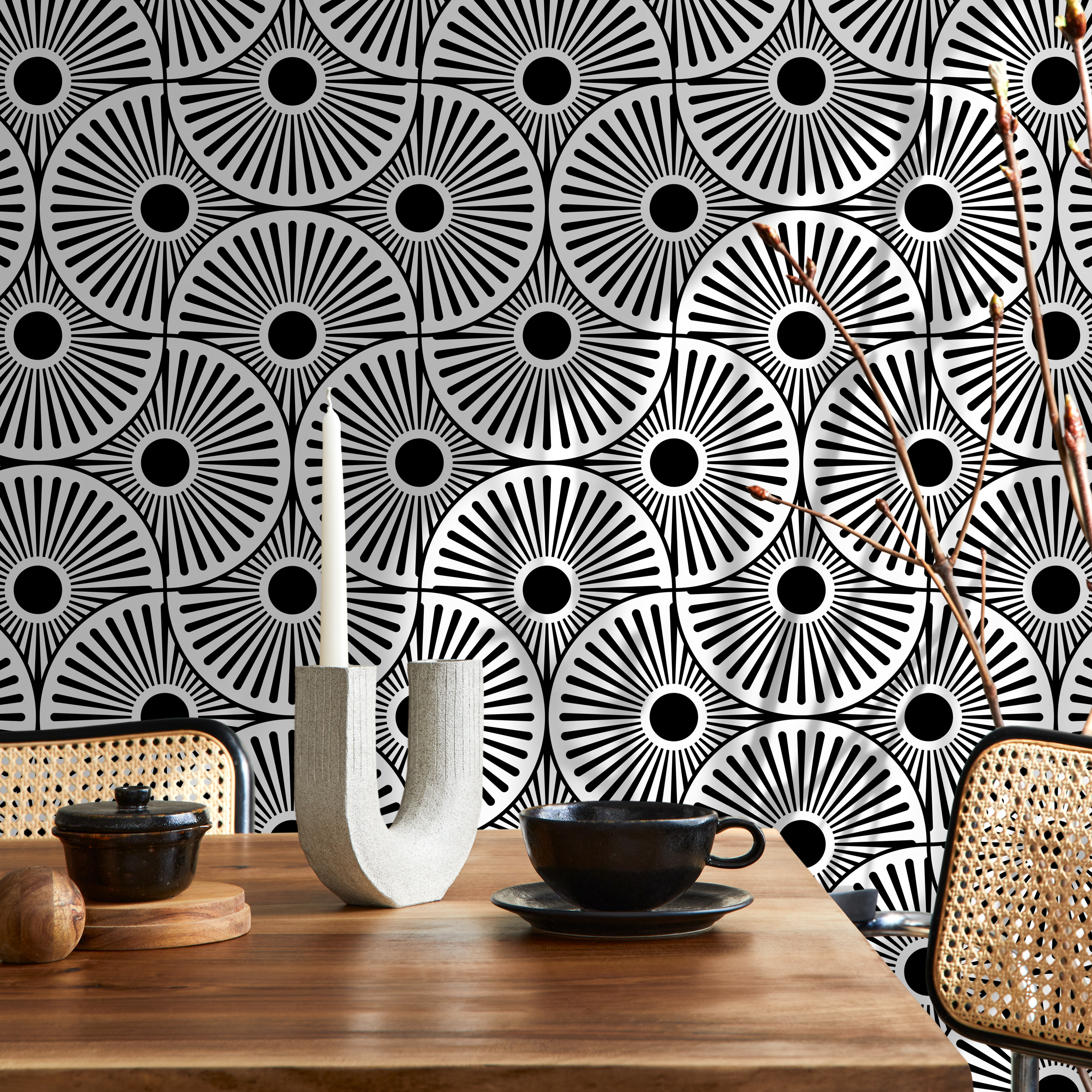 Art Deco Wallpaper Featuring A Bold Sunburst Motif In Black And White - B859
