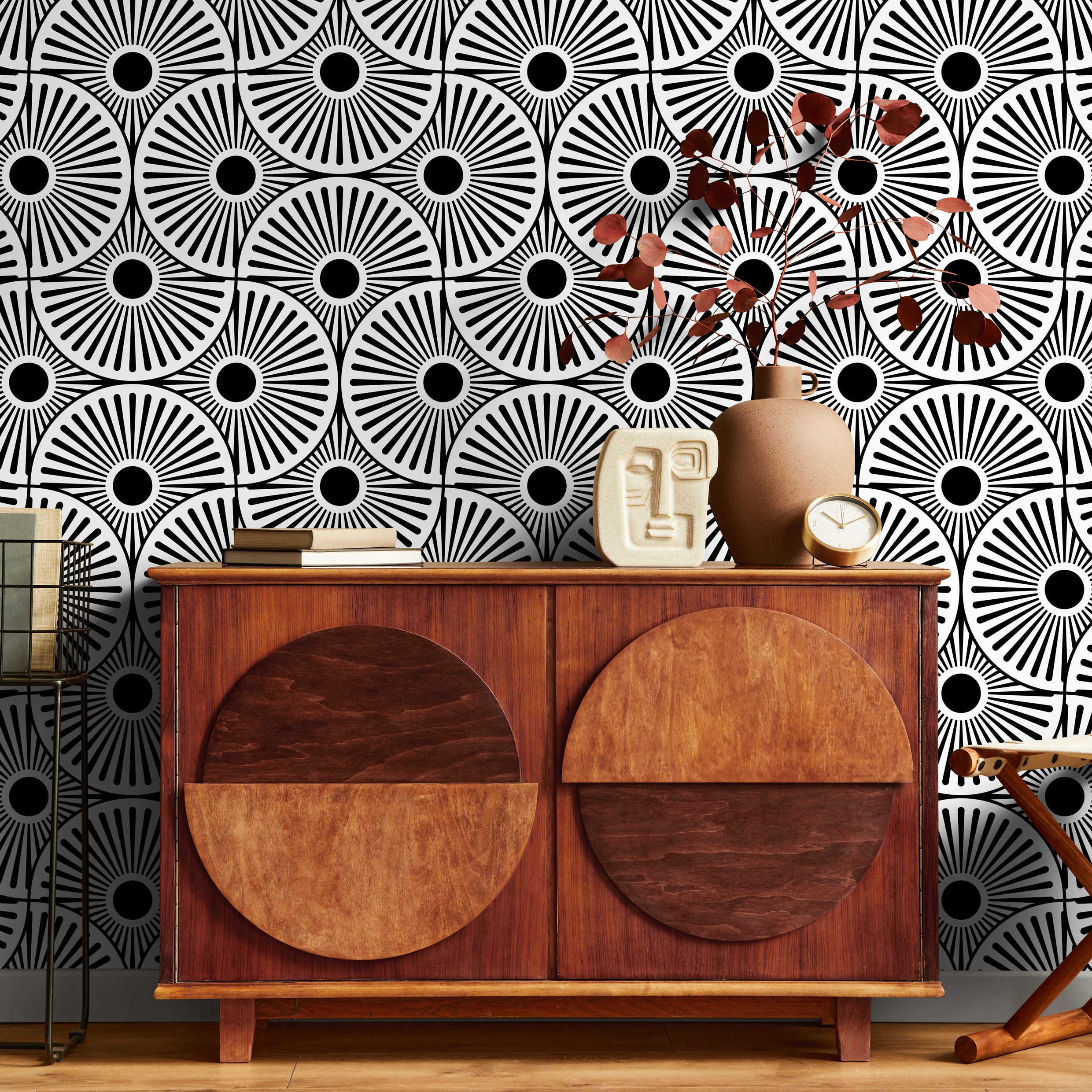 Art Deco Wallpaper Featuring A Bold Sunburst Motif In Black And White - B859