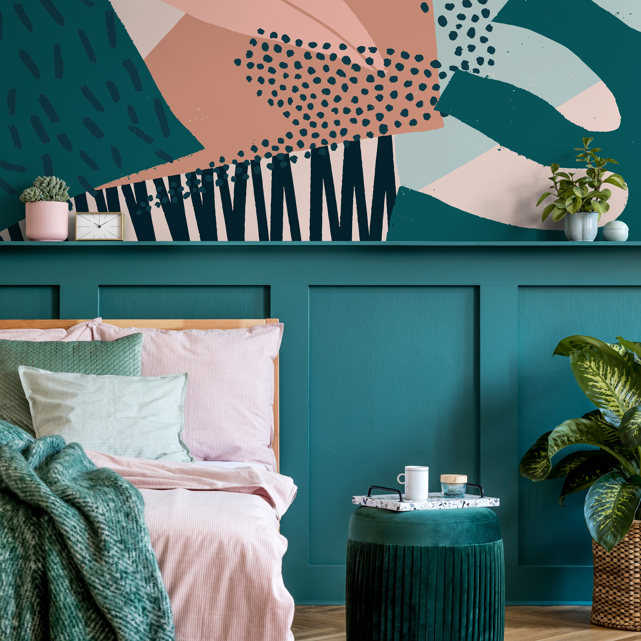 Abstract Wallpaper With Bold Shapes And Brushstrokes In Pink, Teal, And Sage - B861