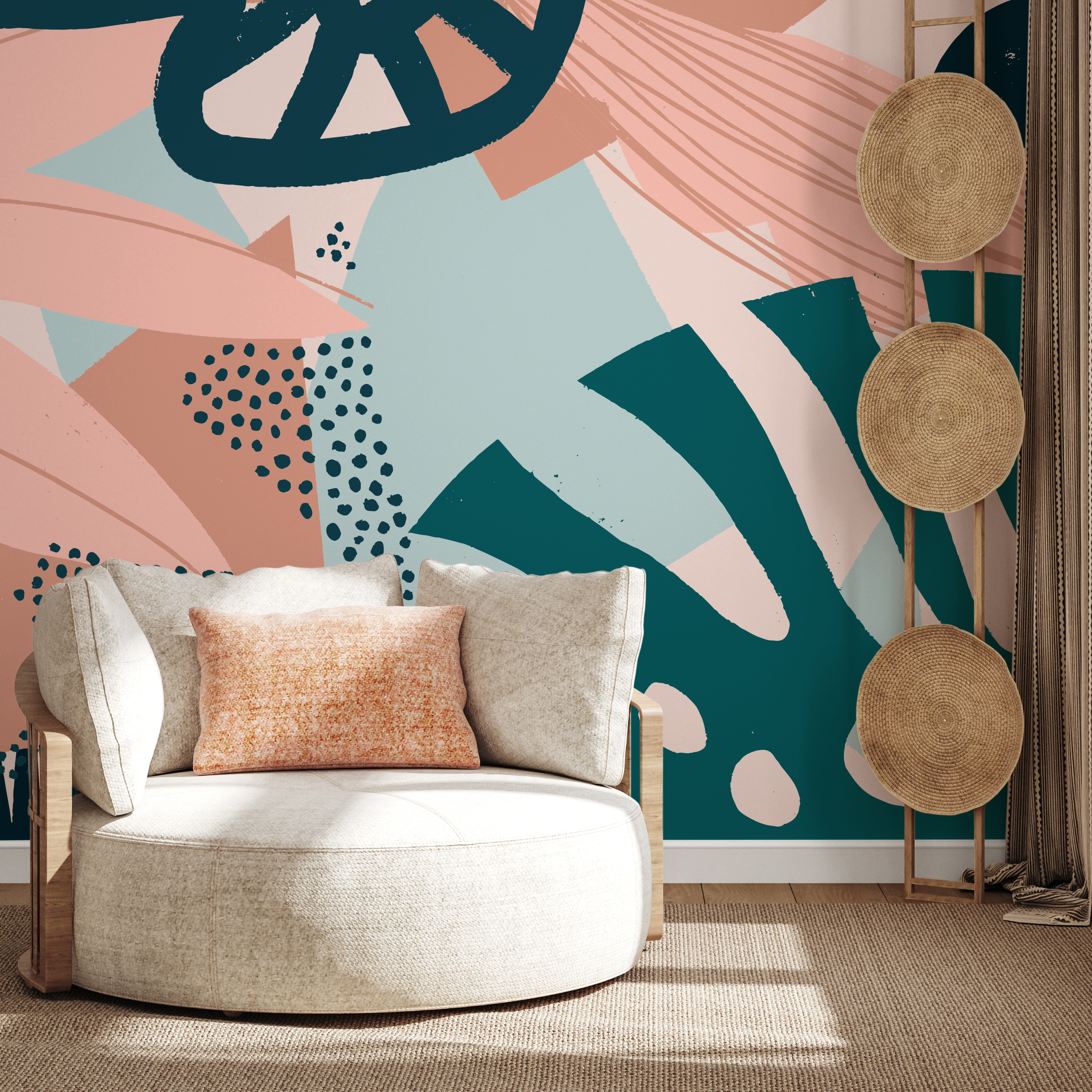 Abstract Wallpaper With Bold Shapes And Brushstrokes In Pink, Teal, And Sage - B861