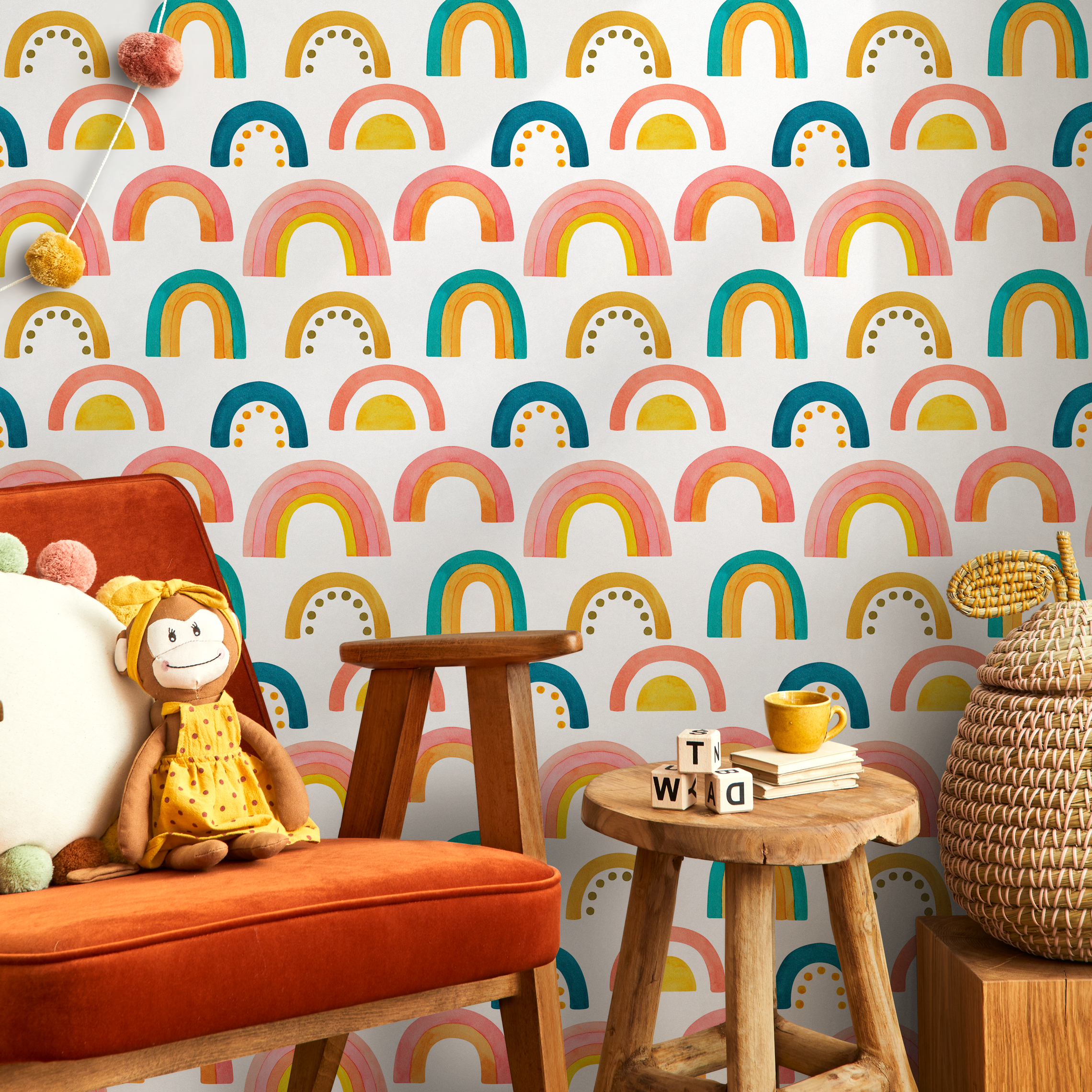 Rainbow Wallpaper With A Watercolor Style In Pink, Yellow, And Teal - B863