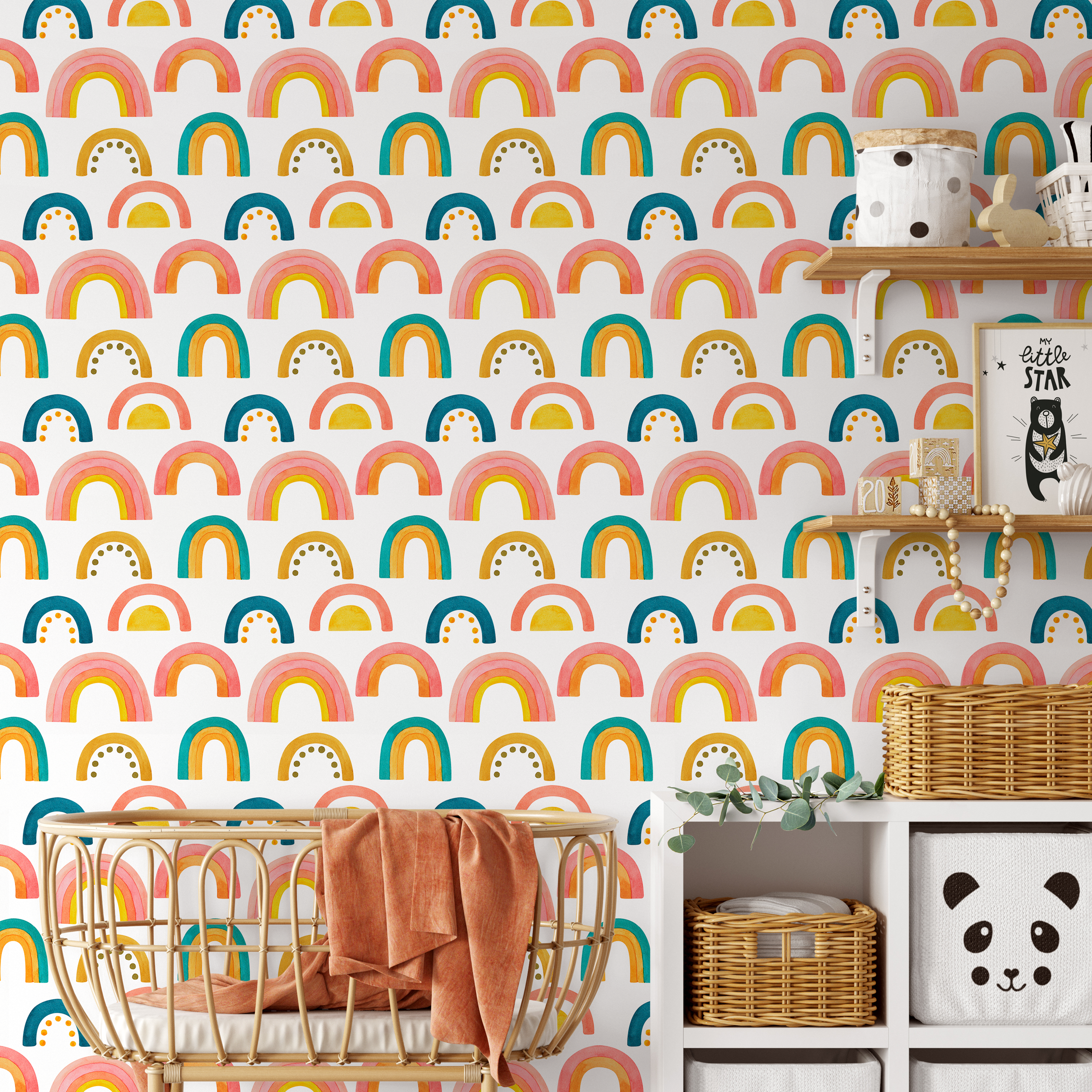 Rainbow Wallpaper With A Watercolor Style In Pink, Yellow, And Teal - B863