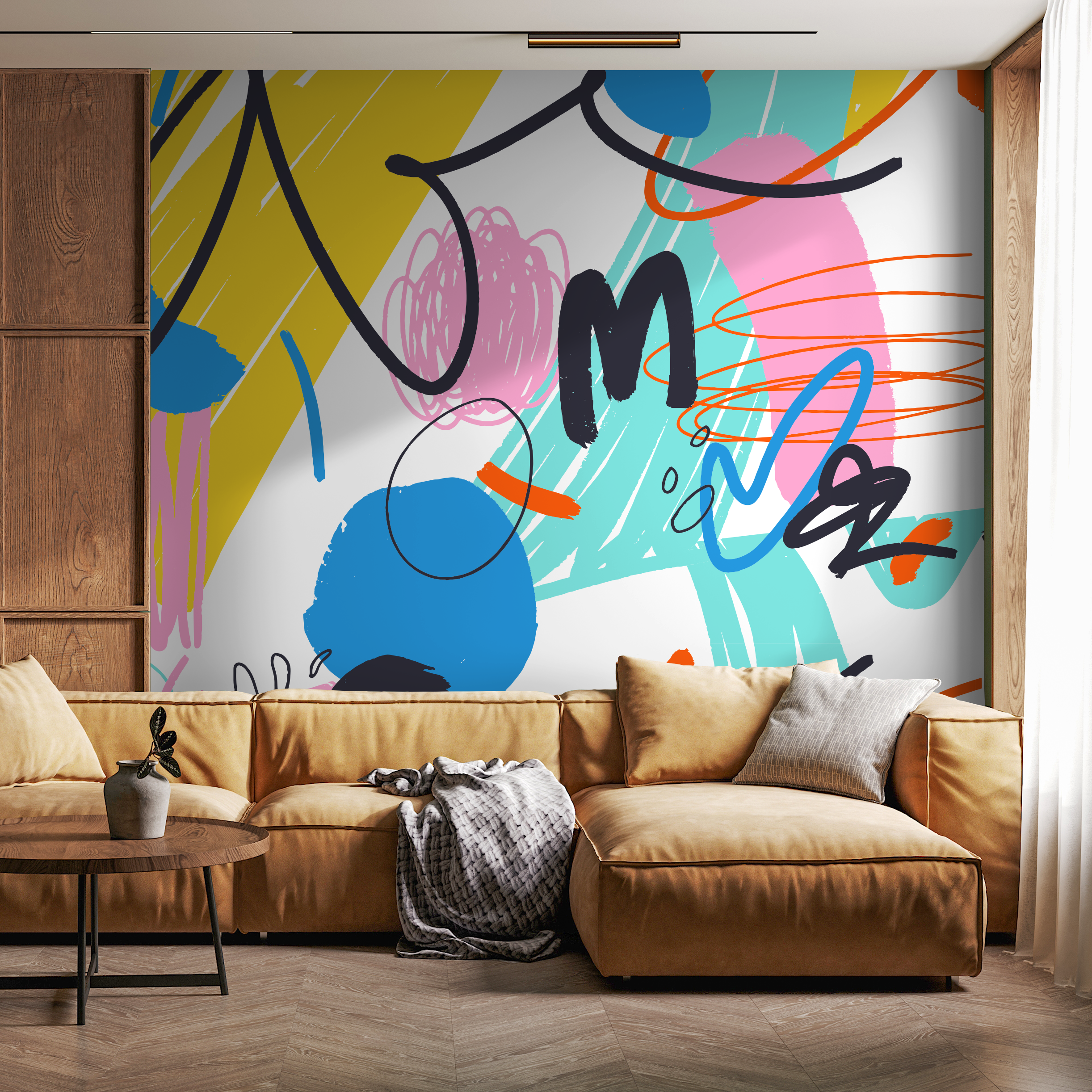 Abstract Wallpaper With Colorful Scribbles In Yellow, Pink, And Blue - B867