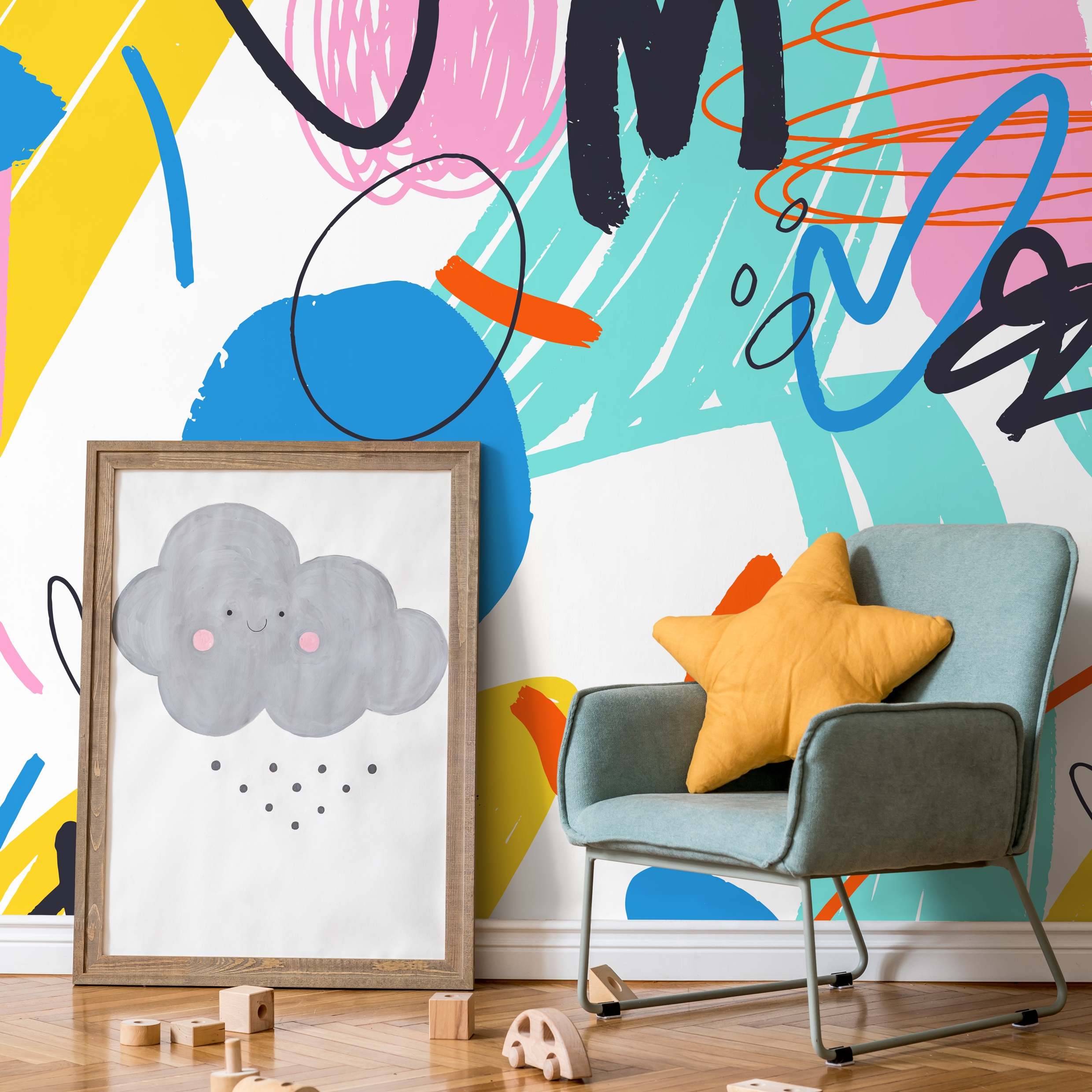 Abstract Wallpaper With Colorful Scribbles In Yellow, Pink, And Blue - B867