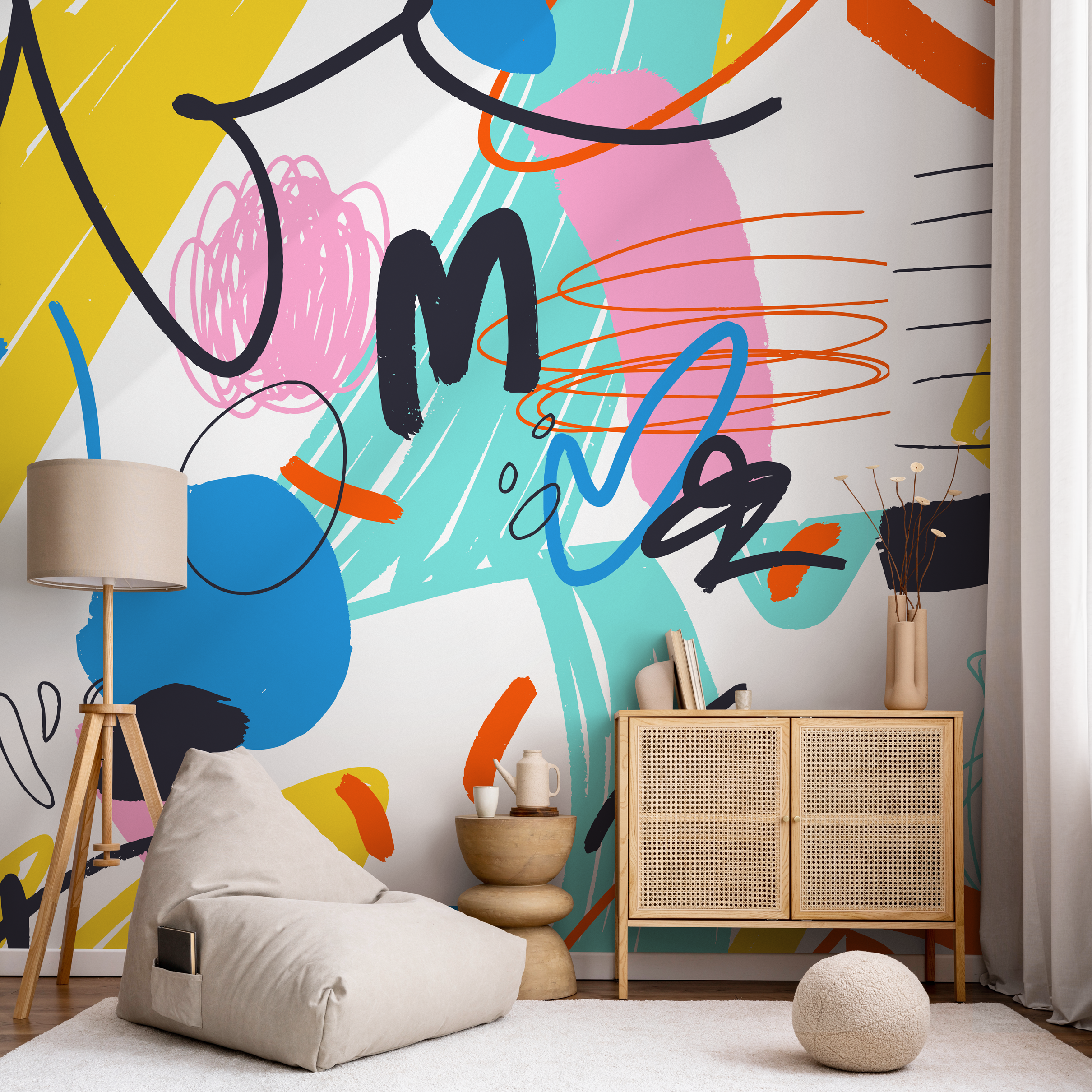 Abstract Wallpaper With Colorful Scribbles In Yellow, Pink, And Blue - B867