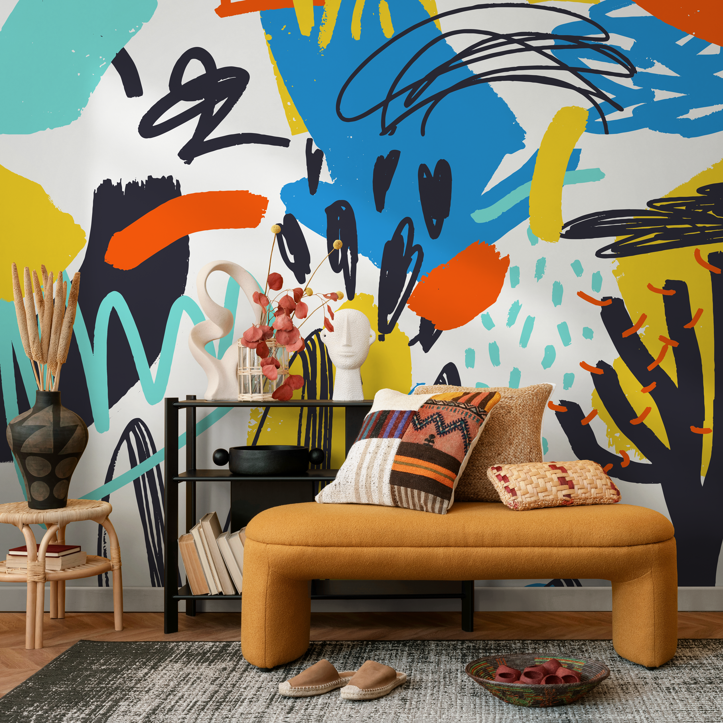 Abstract Wallpaper With Colorful Scribble Art In Blue, Yellow, And Orange - B868
