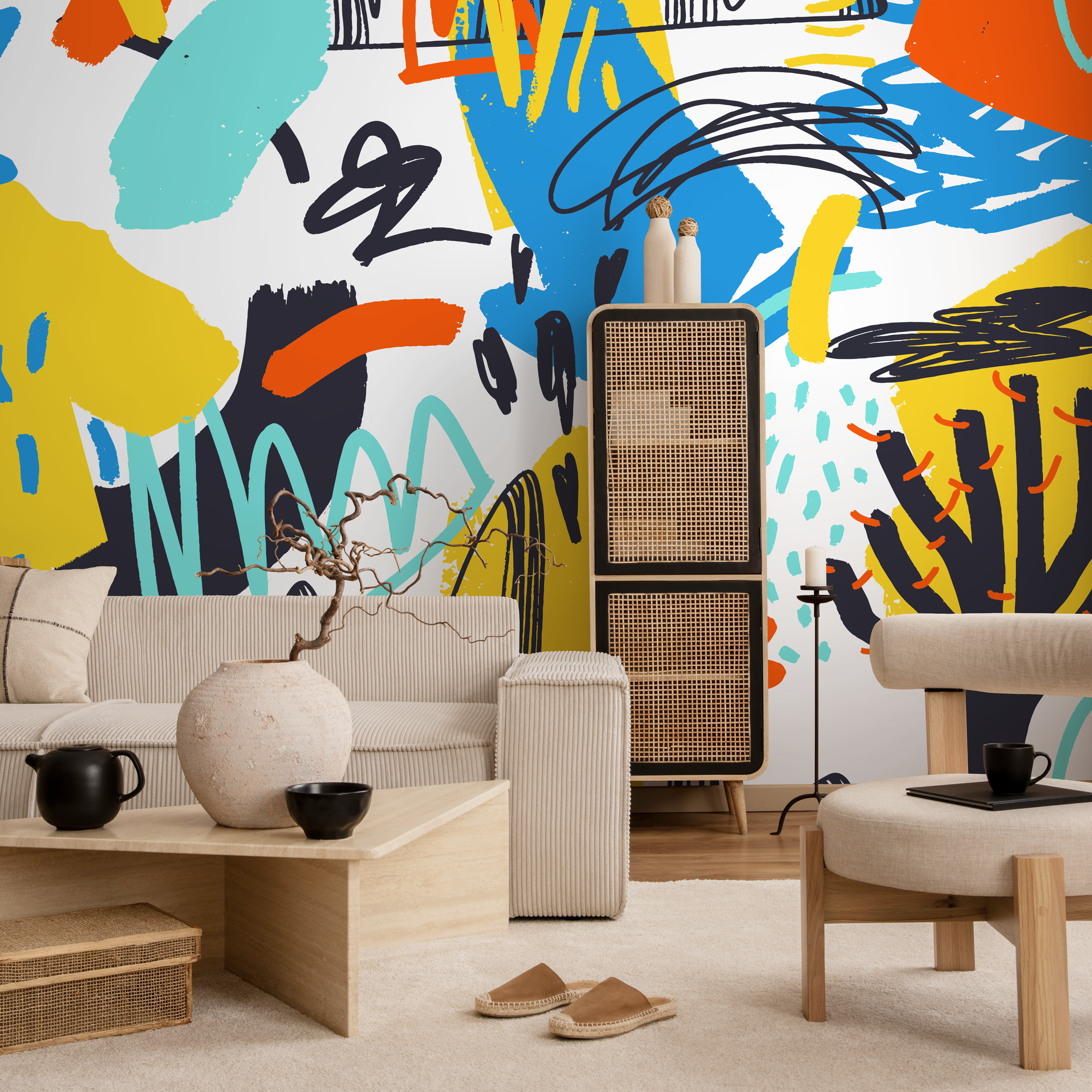 Abstract Wallpaper With Colorful Scribble Art In Blue, Yellow, And Orange - B868