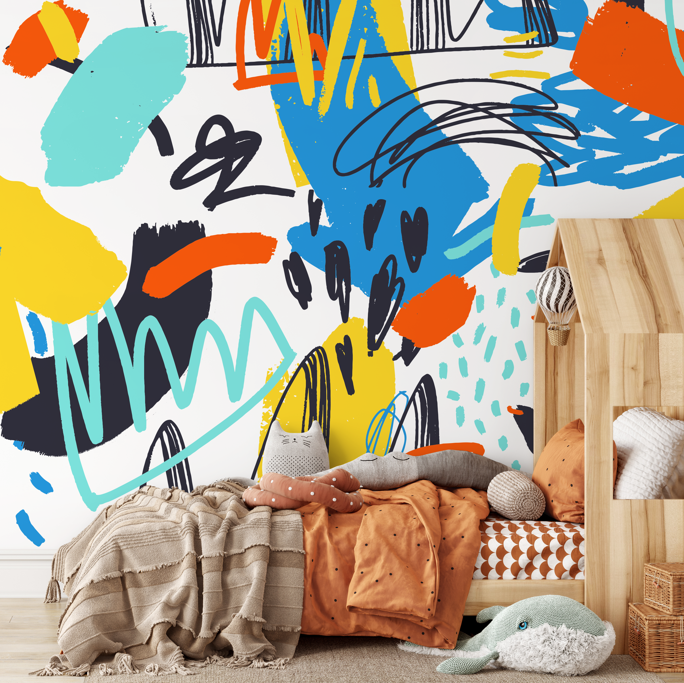 Abstract Wallpaper With Colorful Scribble Art In Blue, Yellow, And Orange - B868