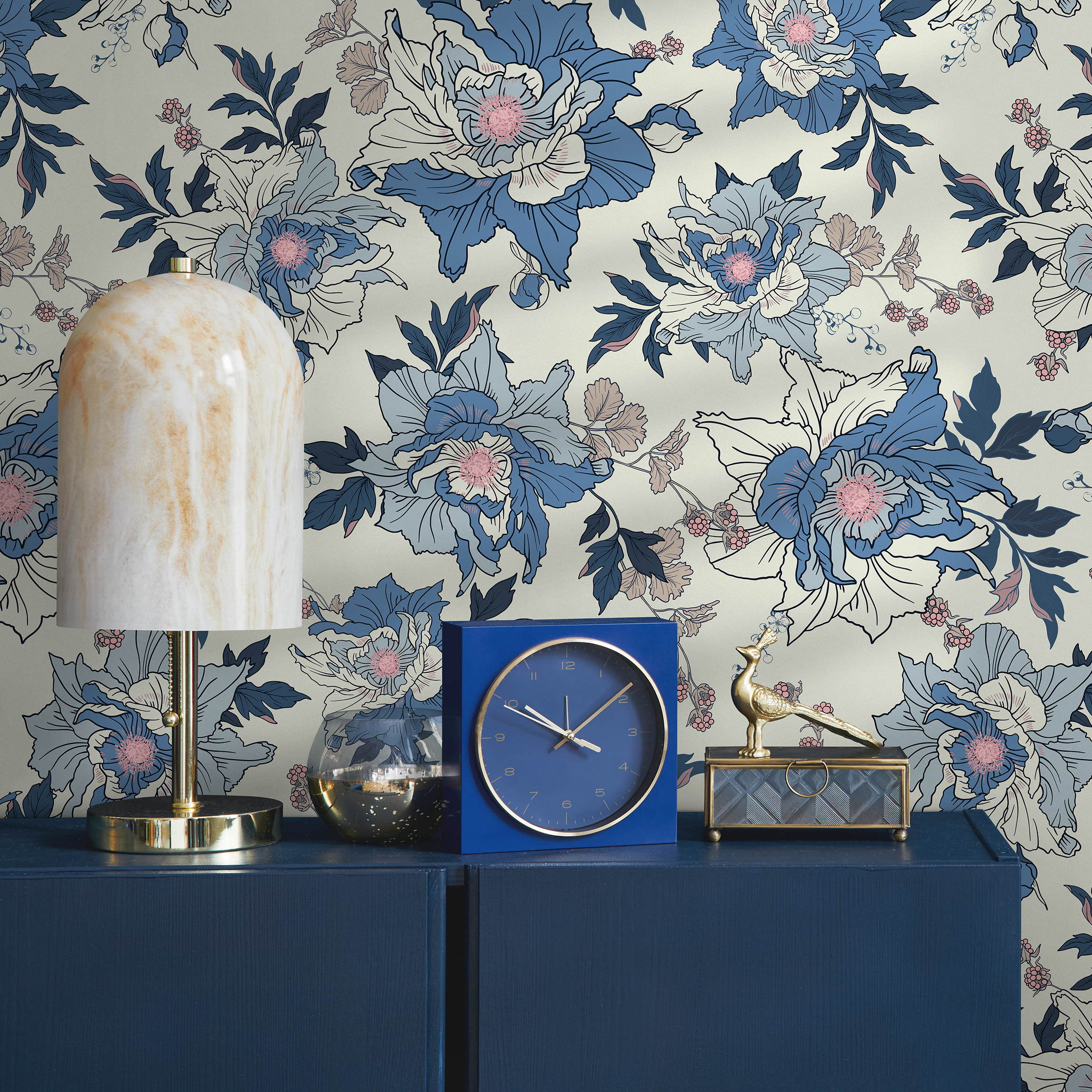 Vintage Floral Wallpaper With Illustrated Peonies In Blue And Pink - B870