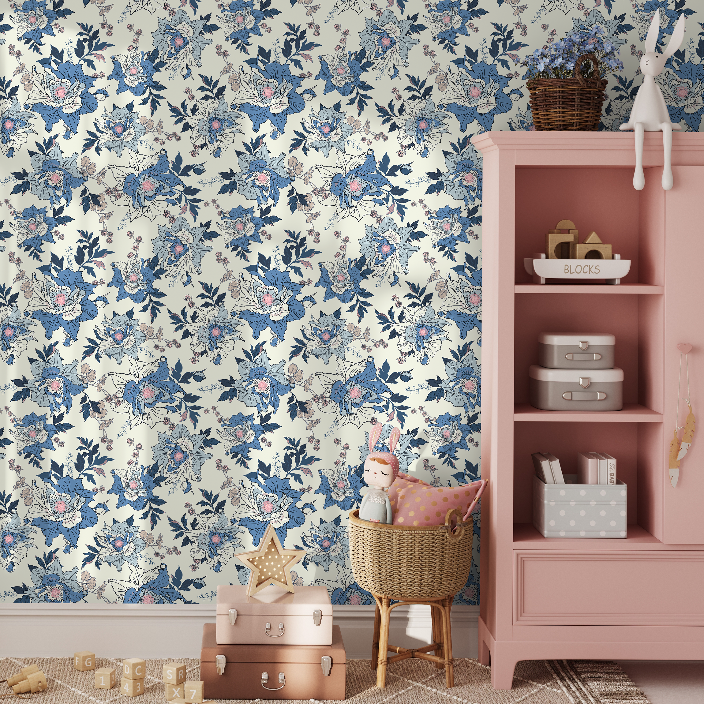 Vintage Floral Wallpaper With Illustrated Peonies In Blue And Pink - B870