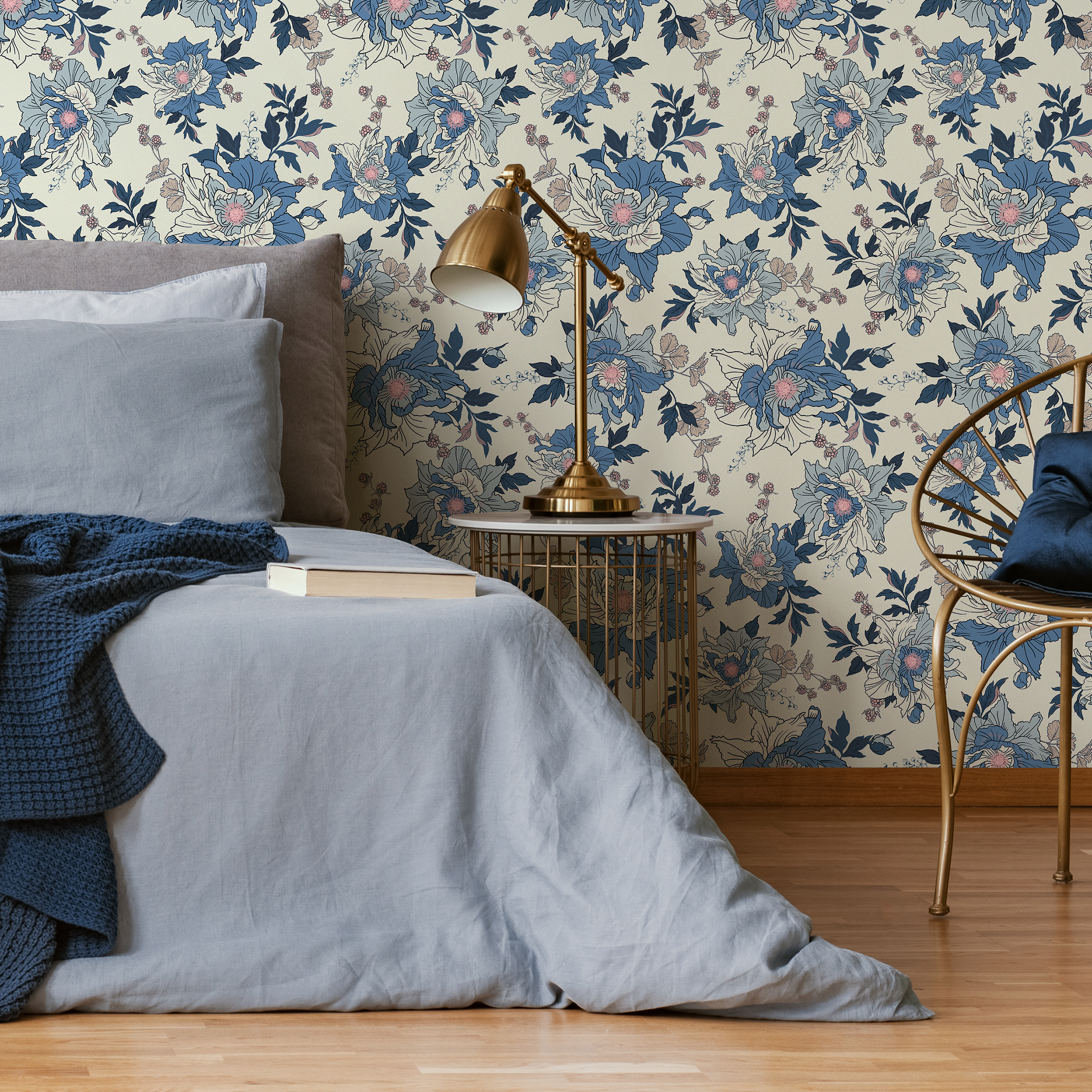 Vintage Floral Wallpaper With Illustrated Peonies In Blue And Pink - B870