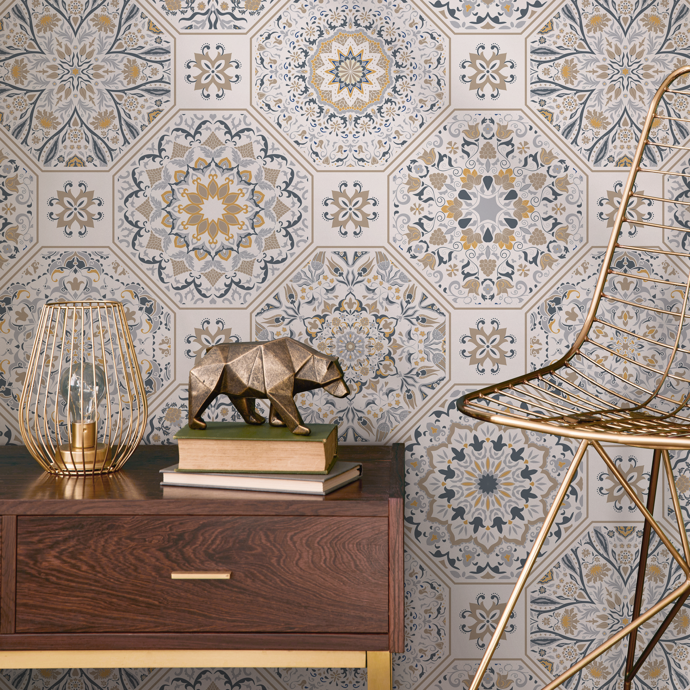 Tile Wallpaper With Intricate Mandala Motifs In Blue, Yellow, And Beige - B872