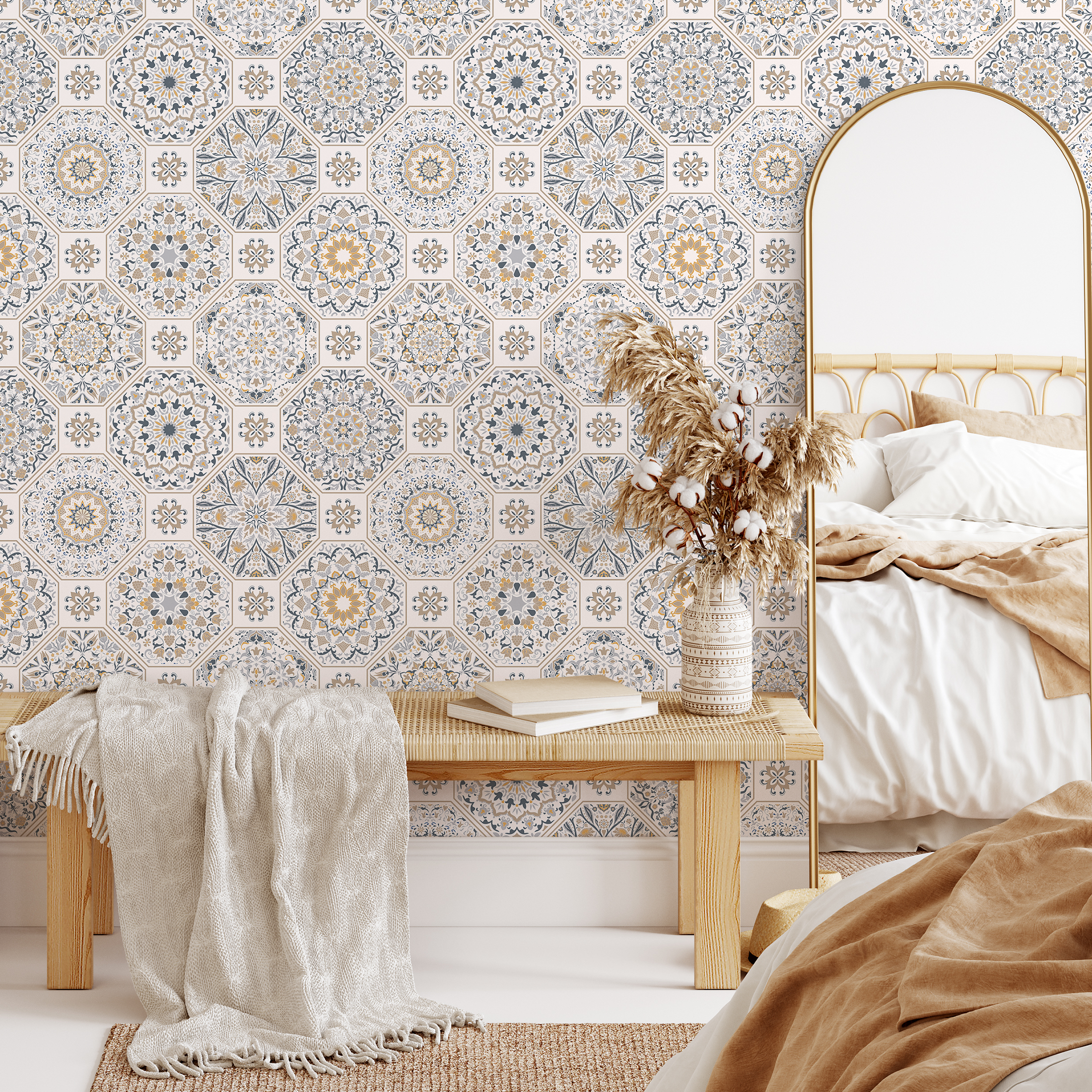 Tile Wallpaper With Intricate Mandala Motifs In Blue, Yellow, And Beige - B872