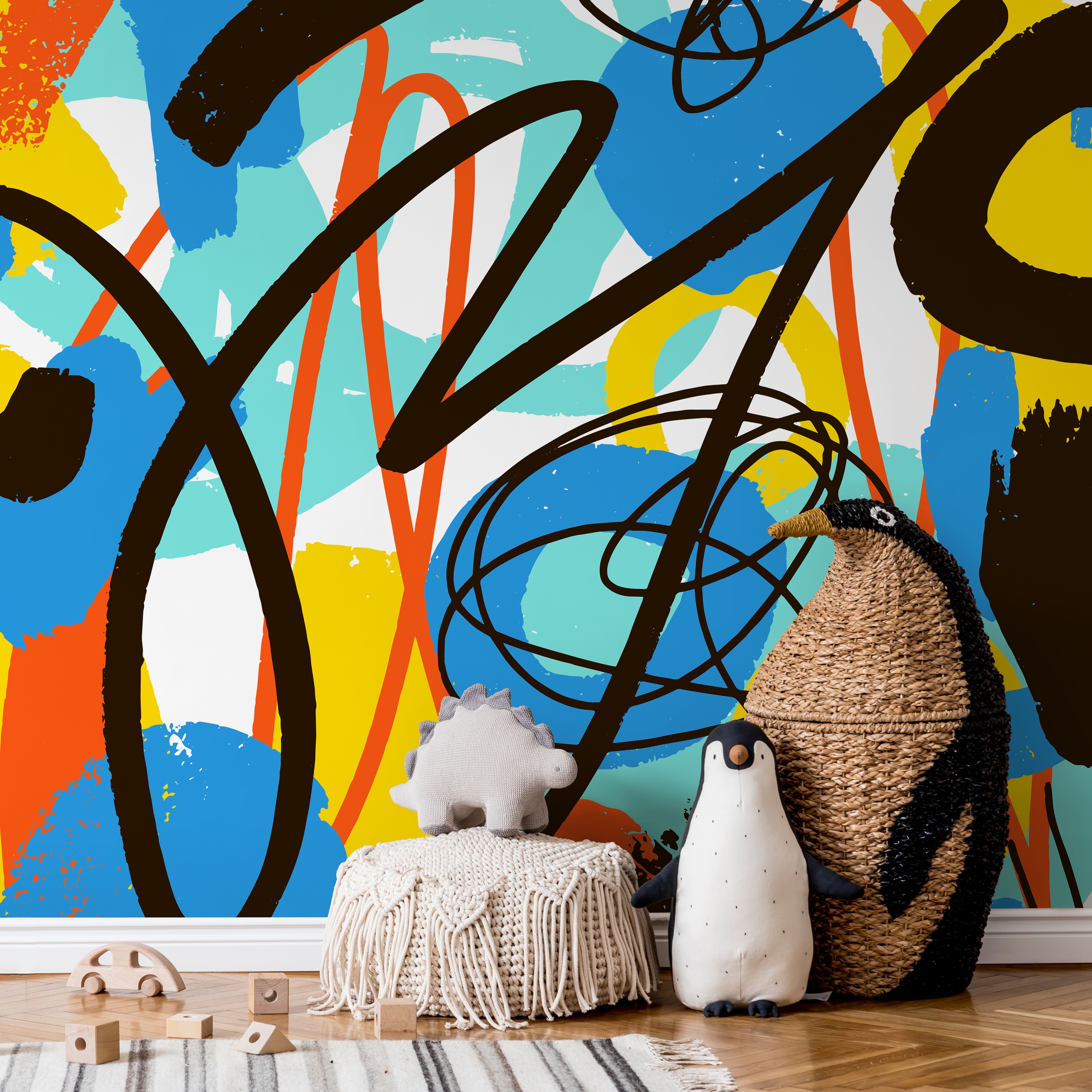 Abstract Wallpaper With A Graffiti Scribble Motif In Blue, Yellow, And Orange - B873