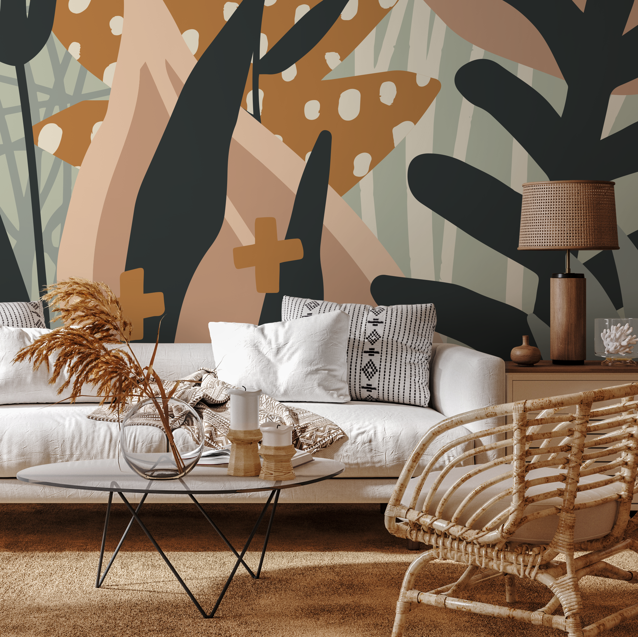 Abstract Wallpaper With Botanical Forms In Brown, Green, And Black - B874