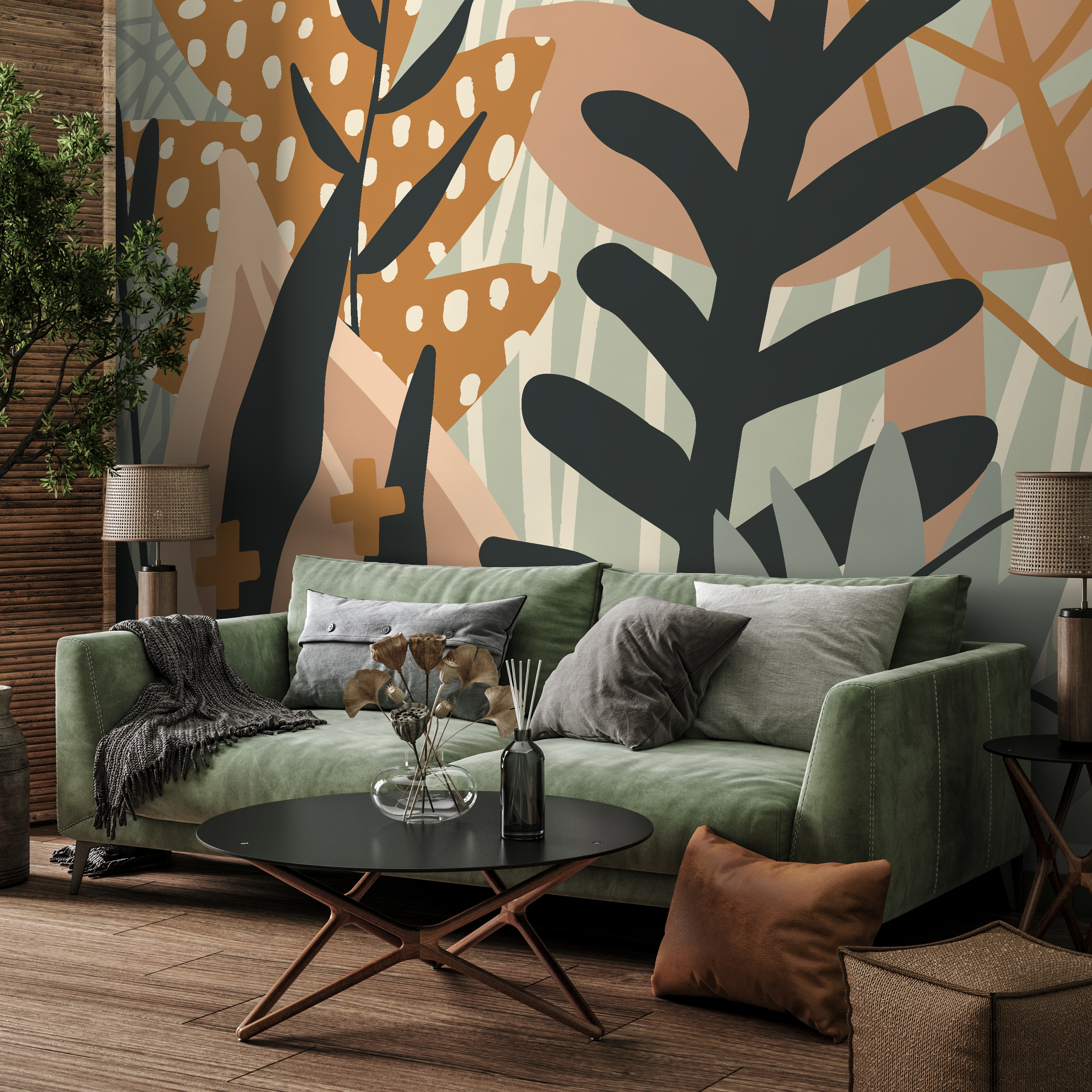 Abstract Wallpaper With Botanical Forms In Brown, Green, And Black - B874