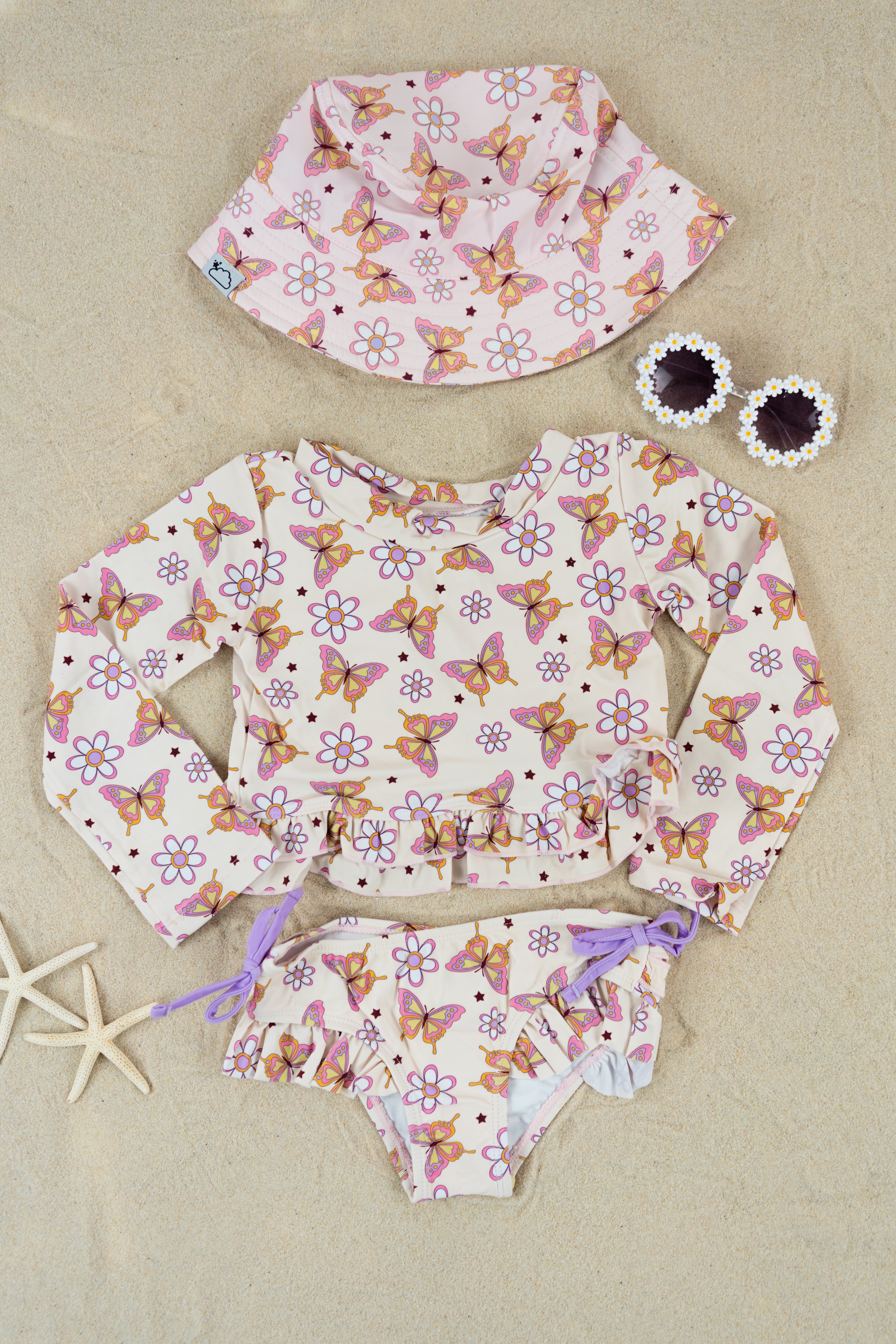 Blossomin’ Butterfly Dream 2-piece Rash Guard Ruffle Swim Suit