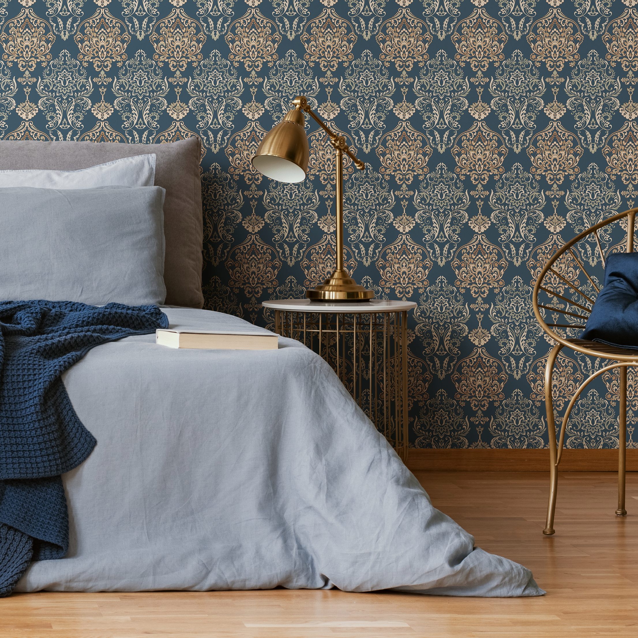 Damask Wallpaper With An Ornate Motif In Blue, Gold, And Beige - B880