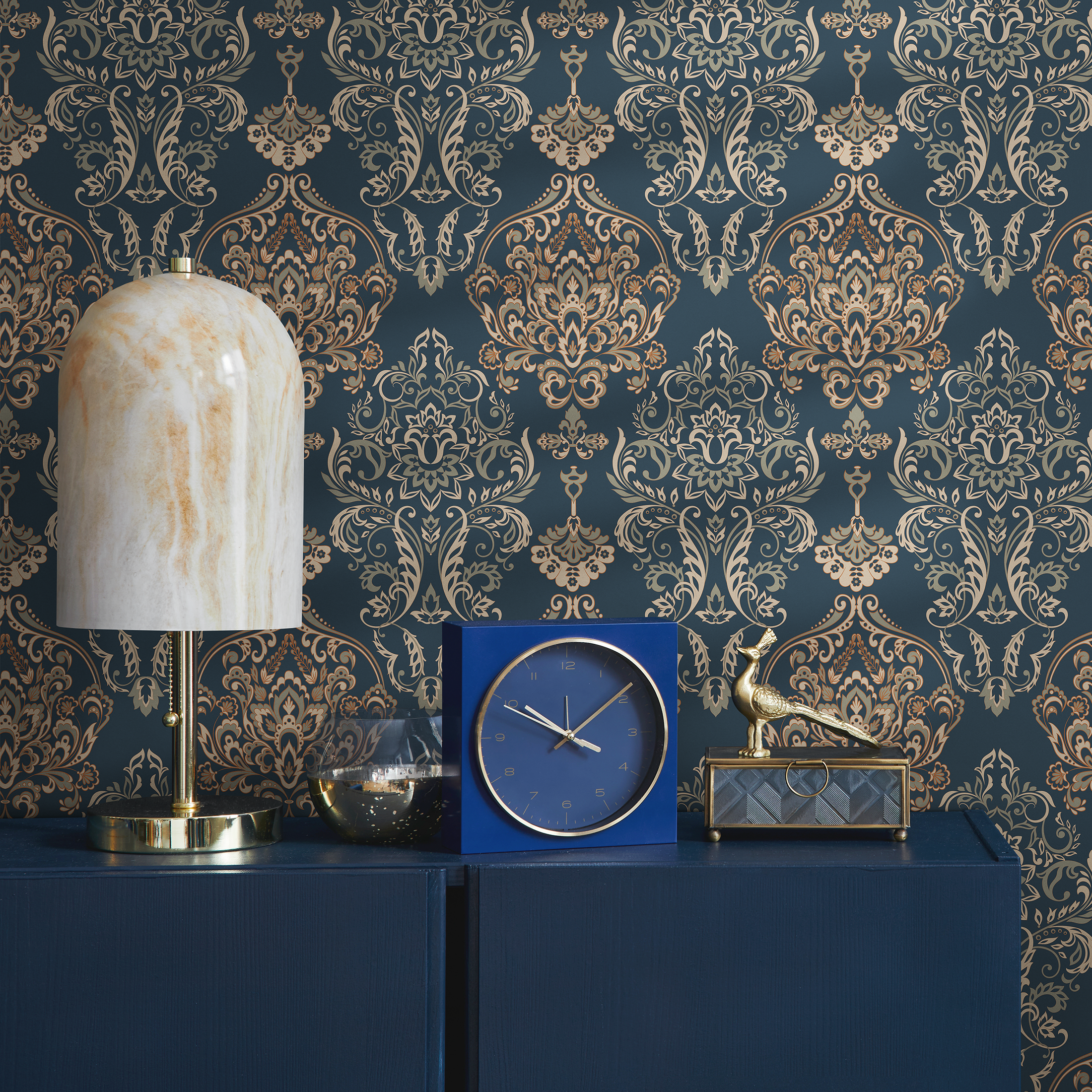 Damask Wallpaper With An Ornate Motif In Blue, Gold, And Beige - B880