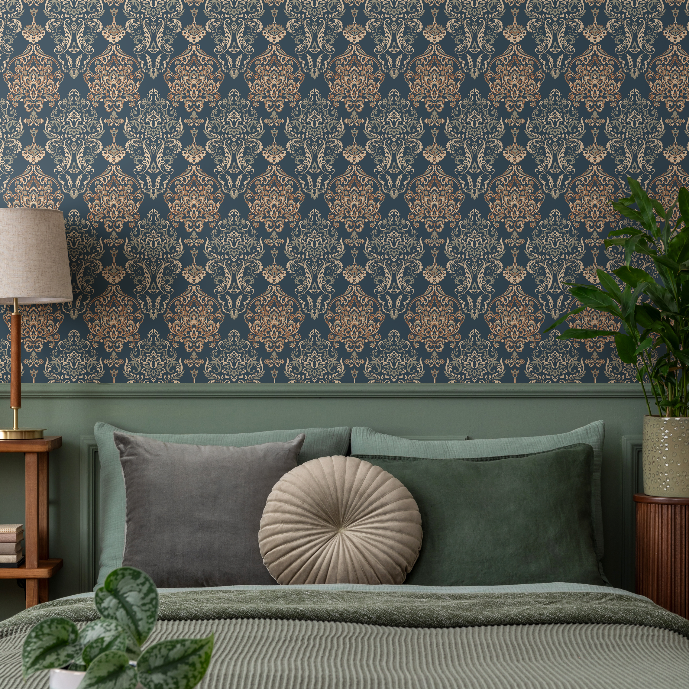 Damask Wallpaper With An Ornate Motif In Blue, Gold, And Beige - B880